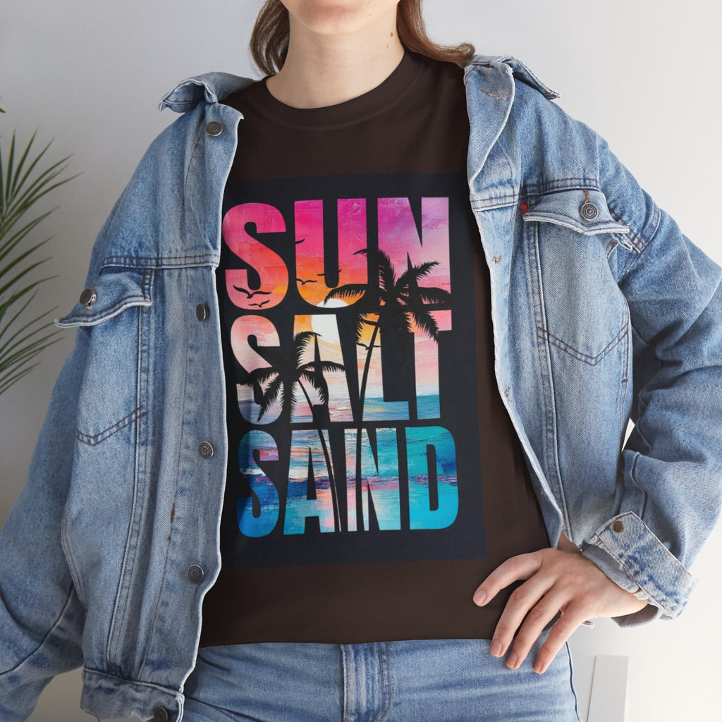 Sun Salt Sand Beach T-Shirt — Tropical Palm Sunset Graphic Tee