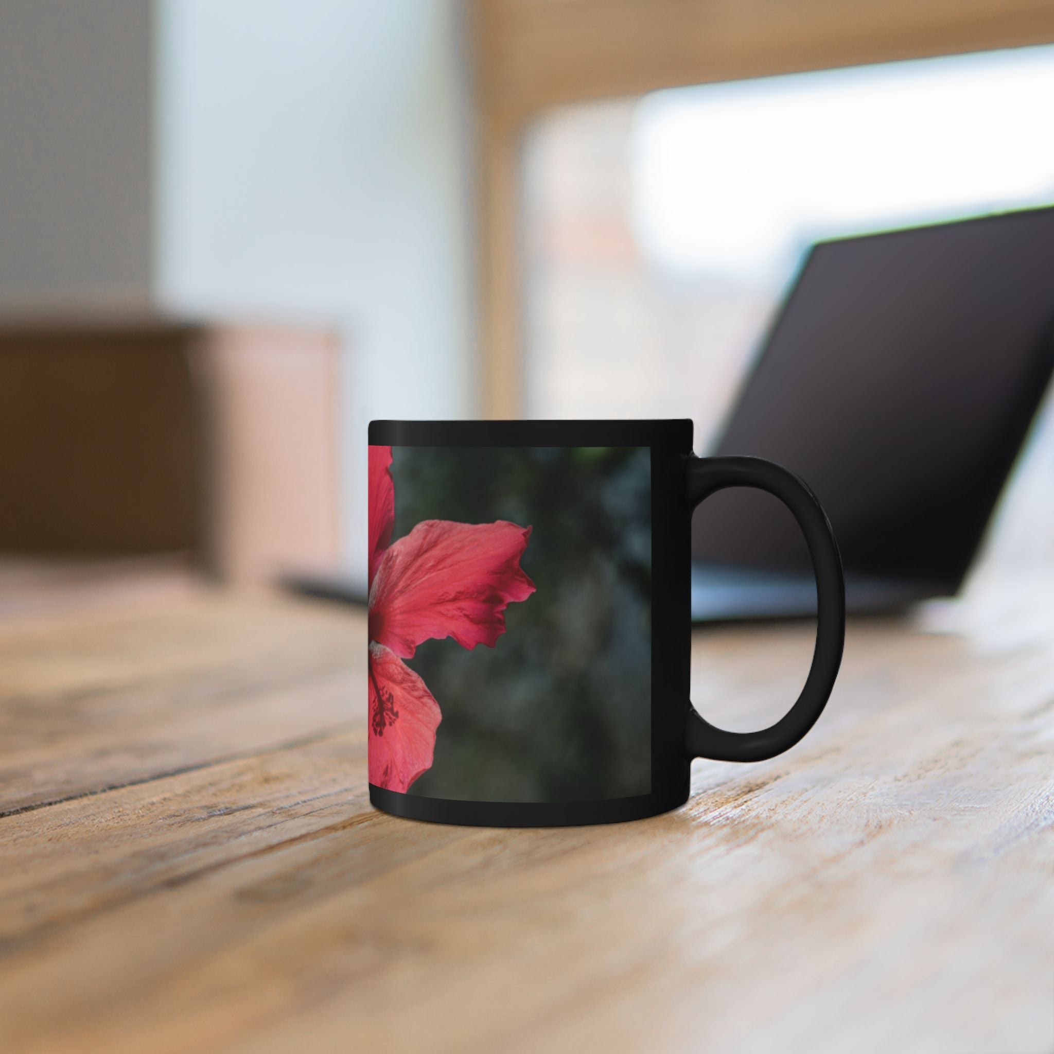 Hibiscus Floral Black Mug - Tropical Red Flower Coffee Cup (11oz/15oz)
