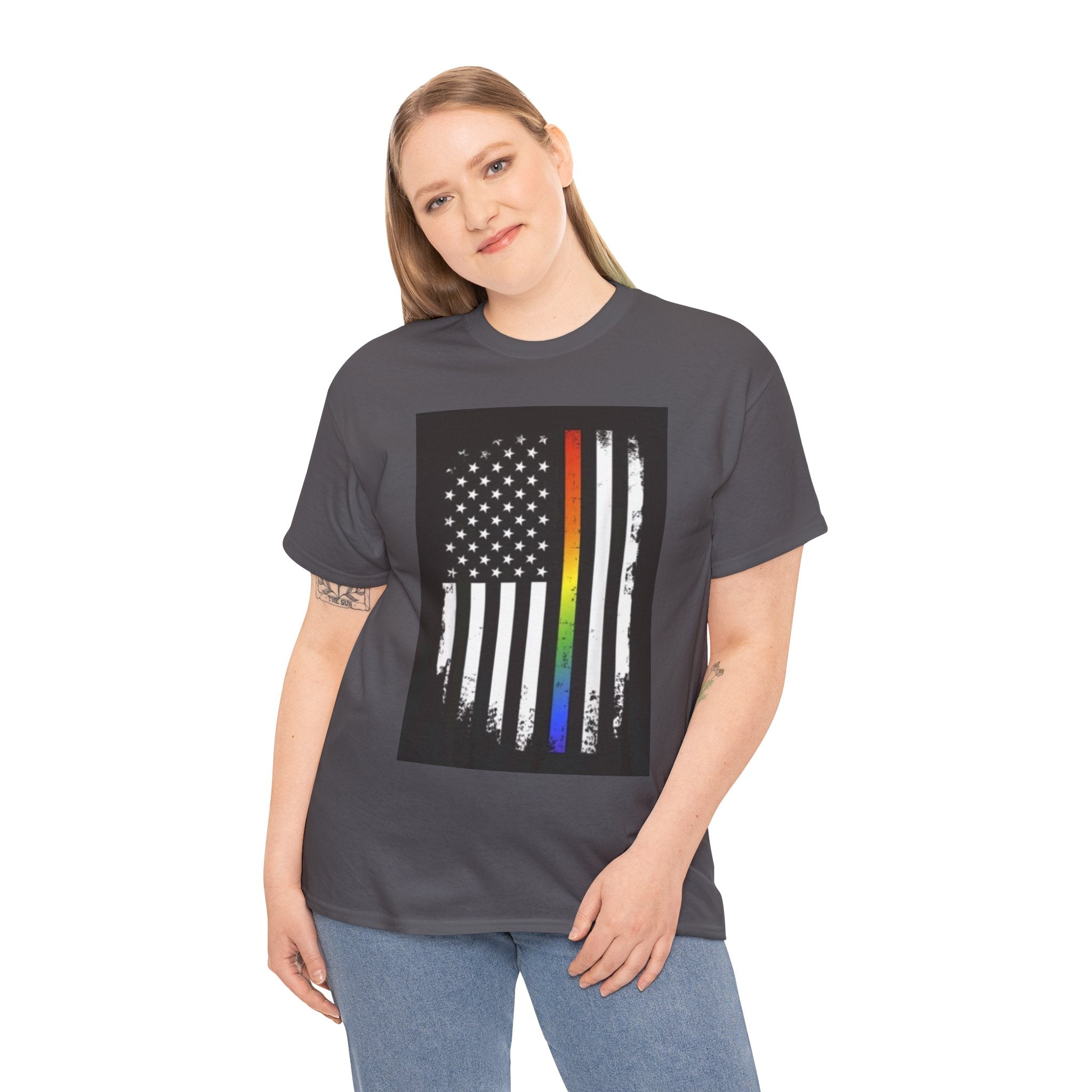 LGBTQ+ Pride Flag T‑Shirt — Distressed American Flag with Rainbow Stripe