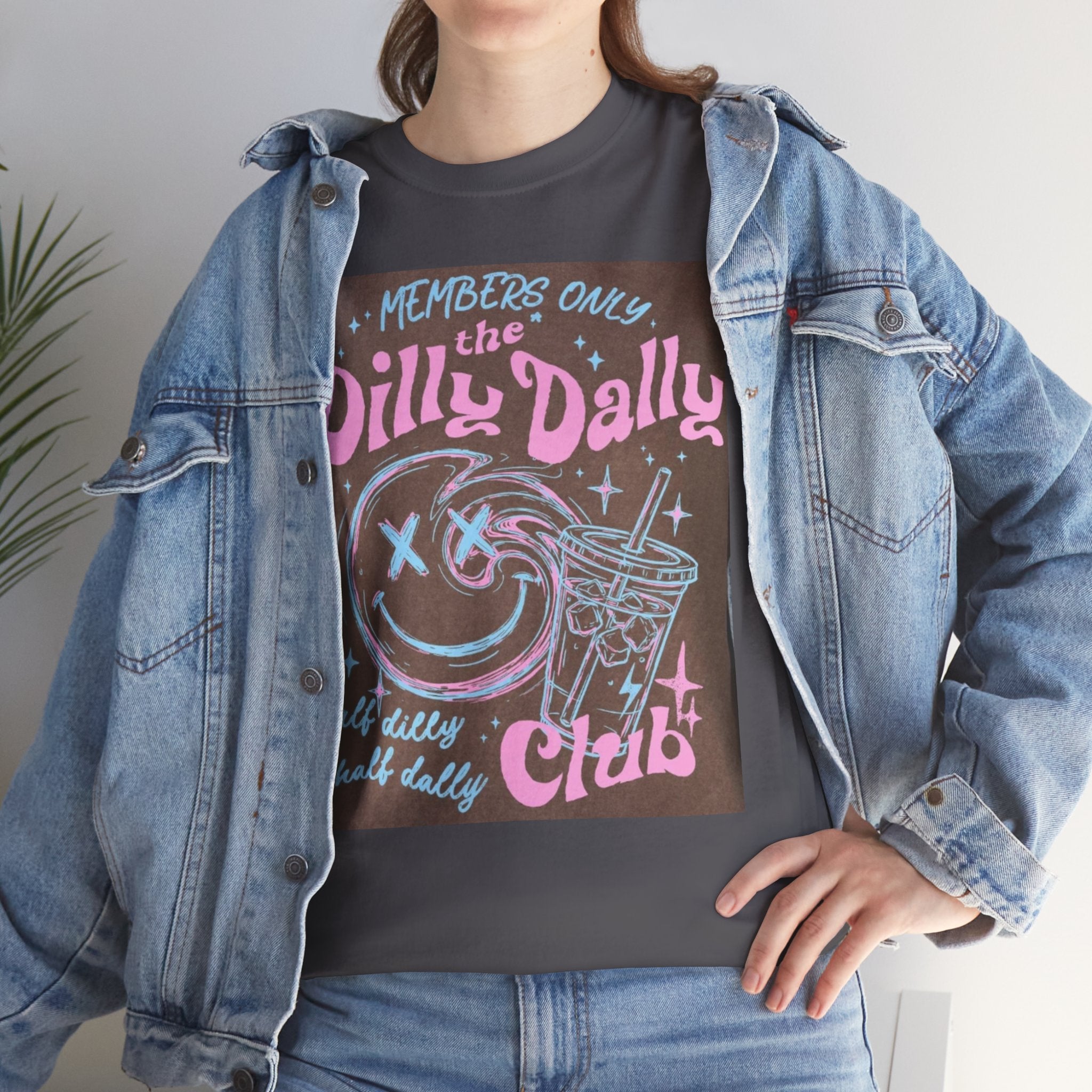 Dilly Dally Club Graphic Tee — Retro Pastel Drink & Moon Design