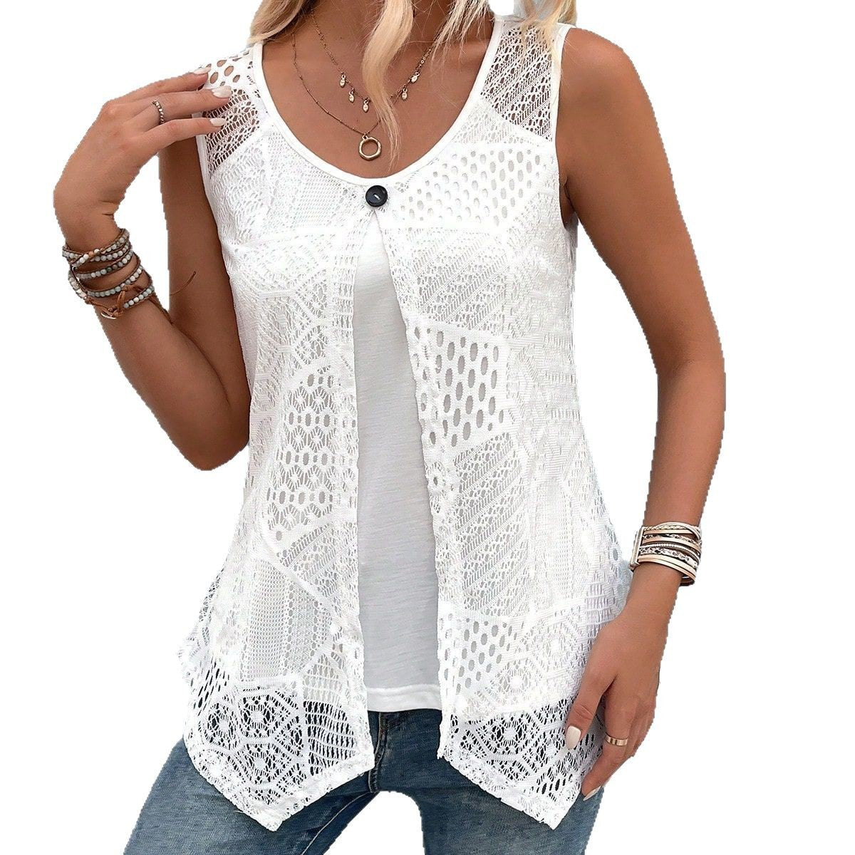 Vest Decorative Buckle Mesh Sleeveless Fake Two-Piece