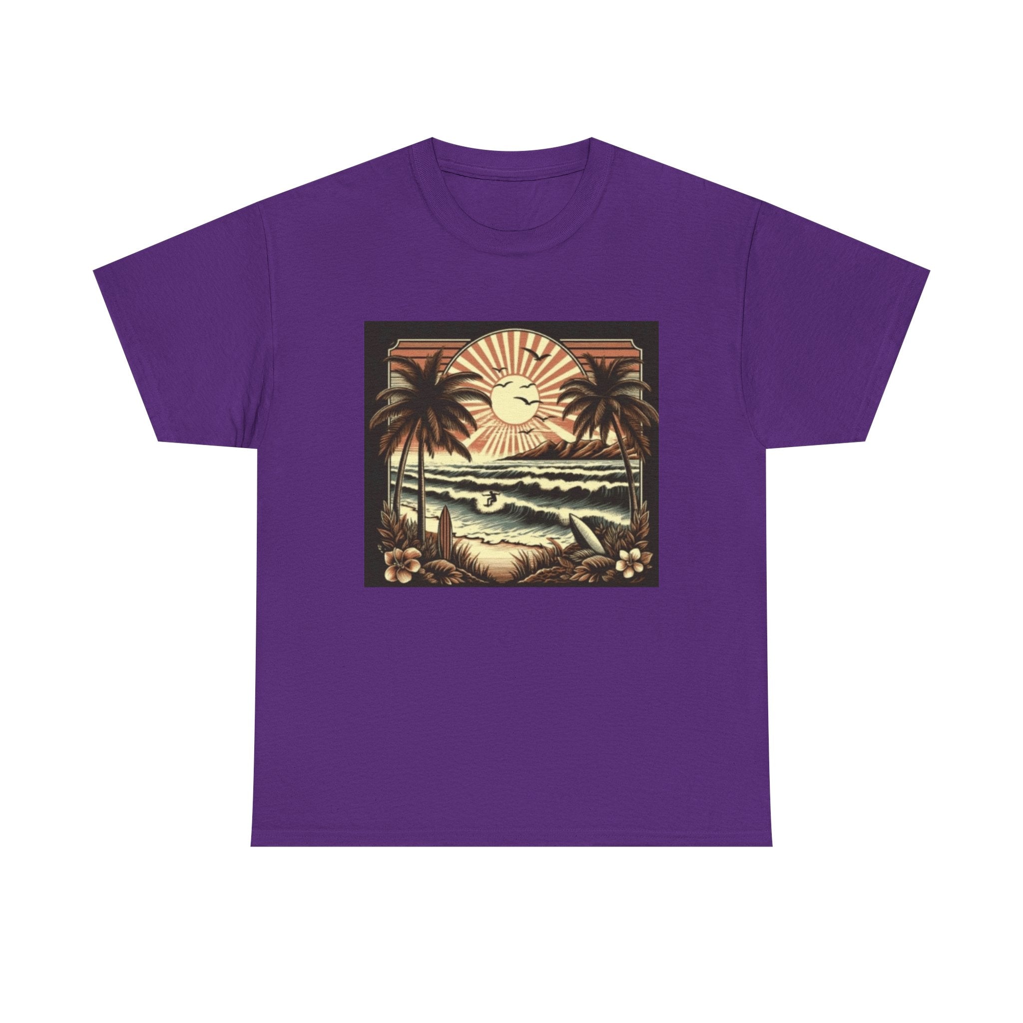 Retro Tropical Beach T-Shirt — Vintage Palm Sunset Graphic Tee