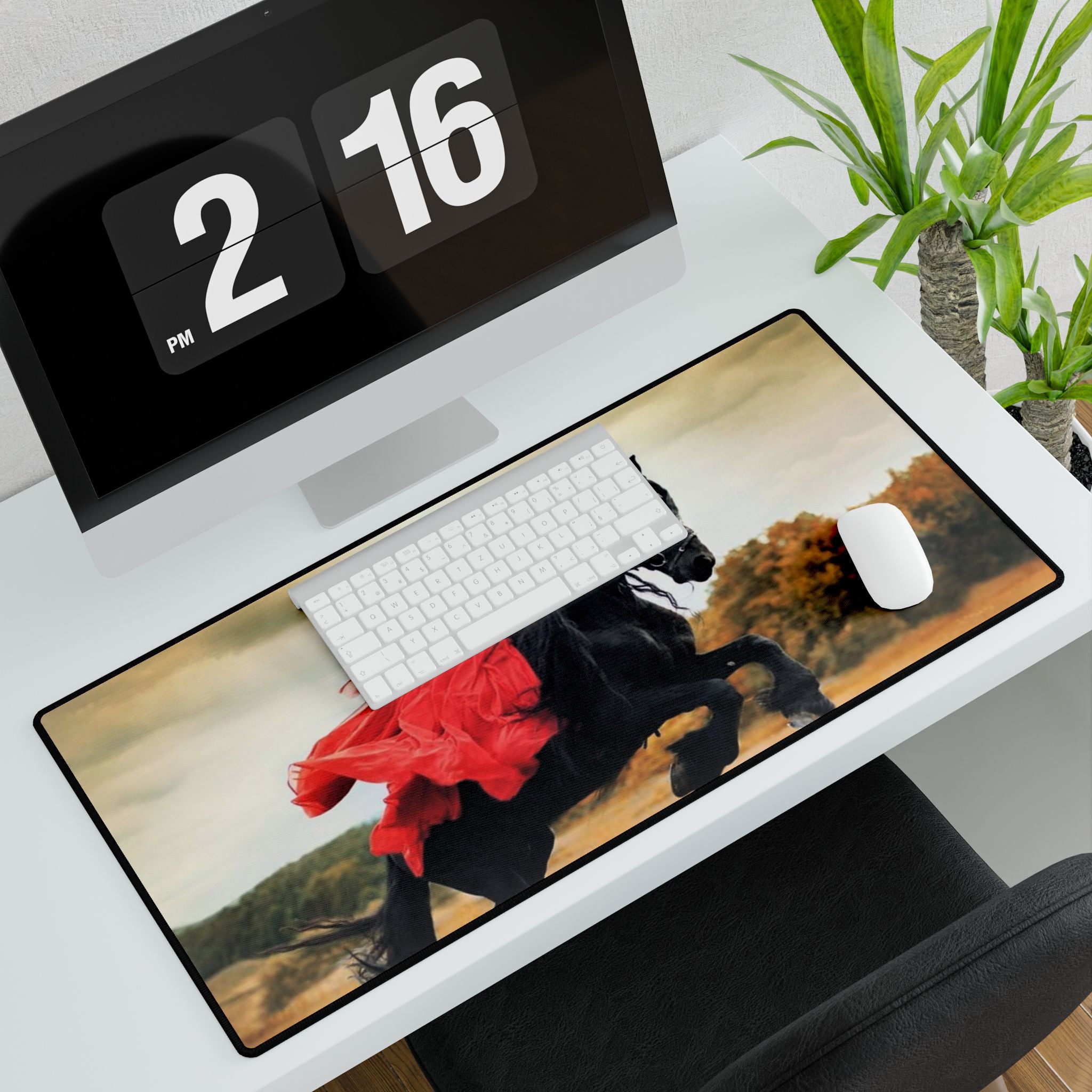 Equestrian Fantasy Desk Mat — Woman in Red on Black Stallion