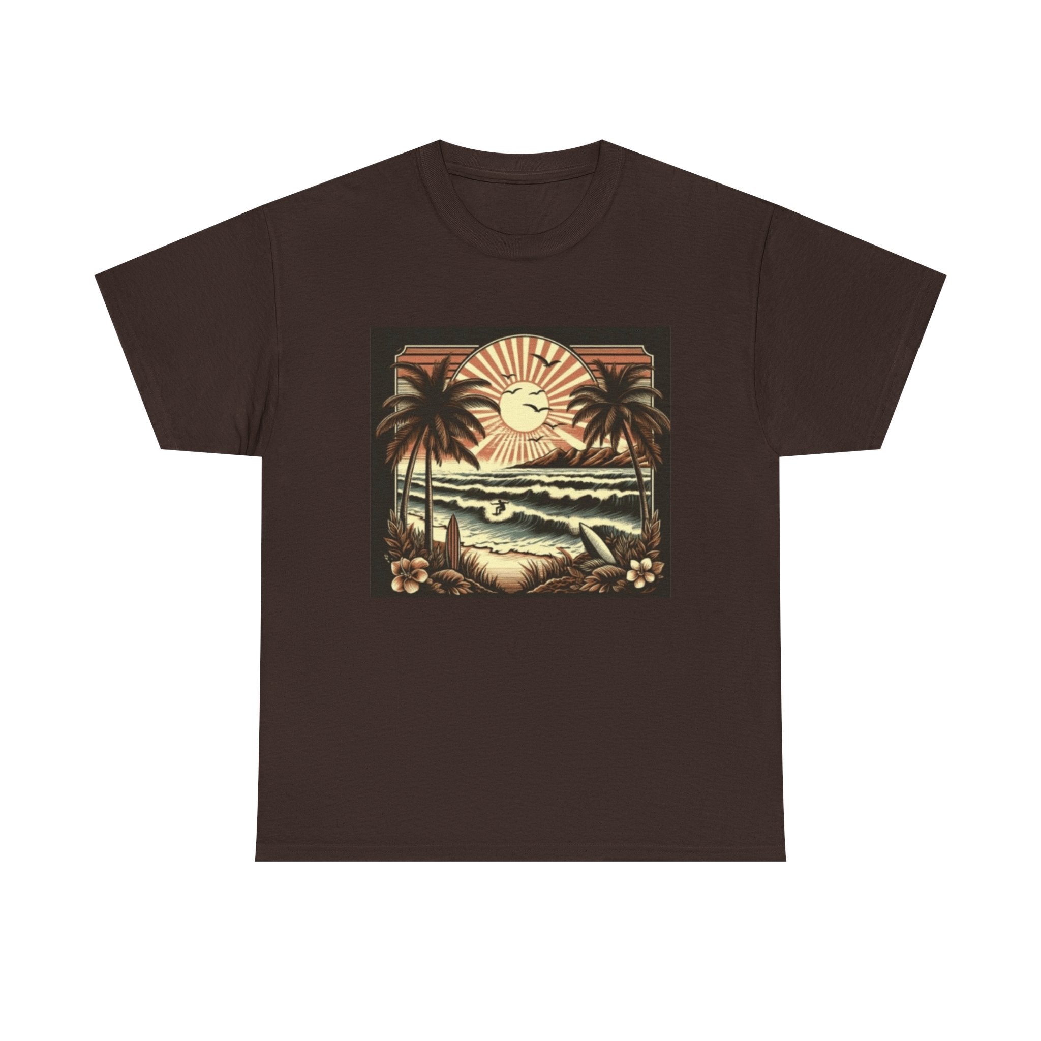 Retro Tropical Beach T-Shirt — Vintage Palm Sunset Graphic Tee