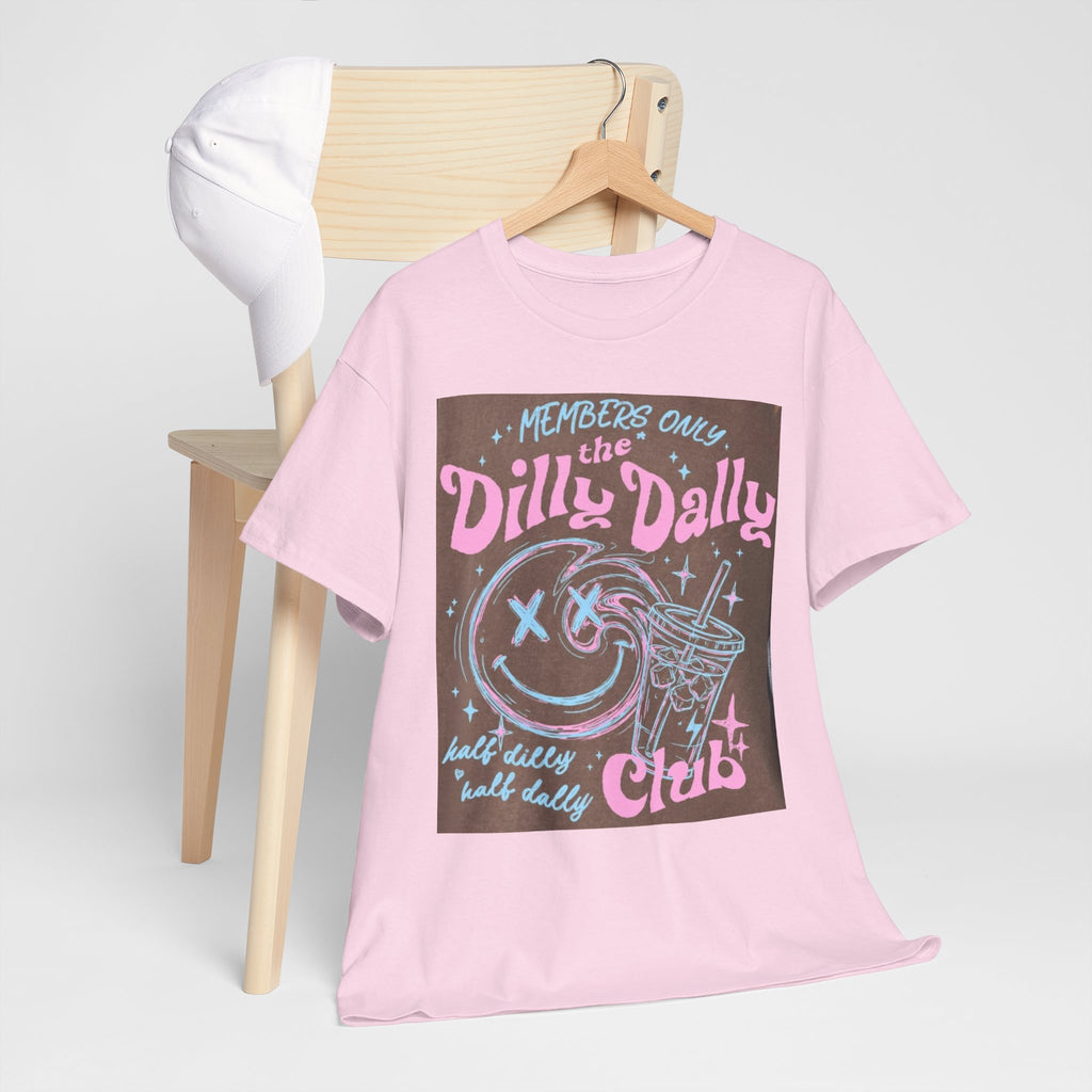 Dilly Dally Club Graphic Tee — Retro Pastel Drink & Moon Design