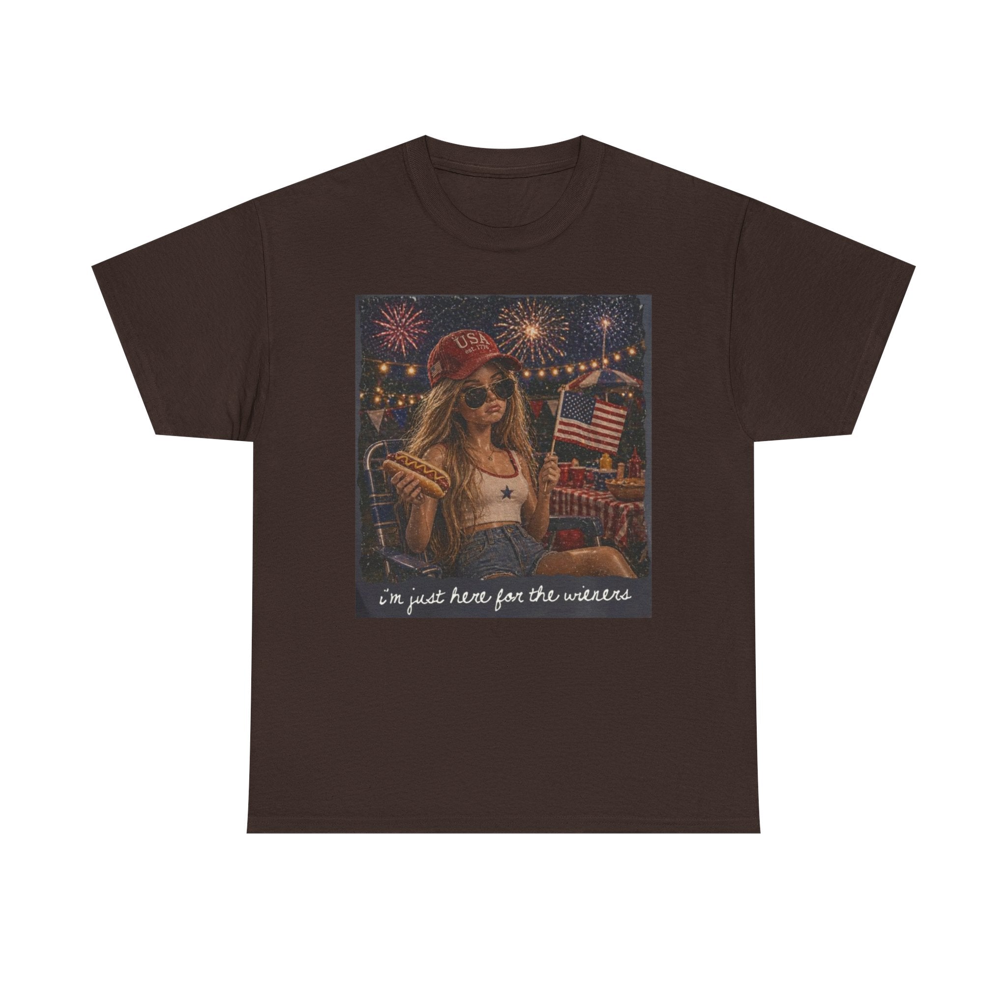 Patriotic Girl Graphic Tee — "I'm Just Here for the Fireworks" 4th of July Shirt