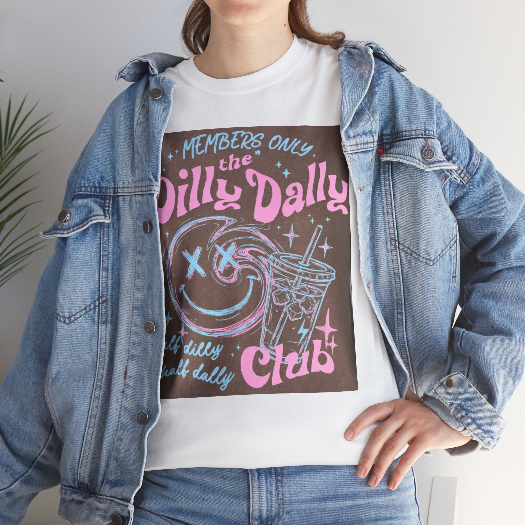 Dilly Dally Club Graphic Tee — Retro Pastel Drink & Moon Design