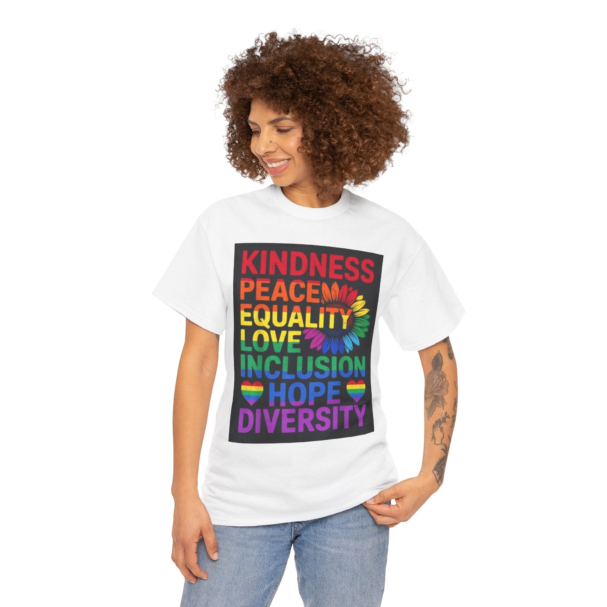 Kindness Peace Equality Rainbow T-Shirt — Pride Inclusion & Diversity Tee
