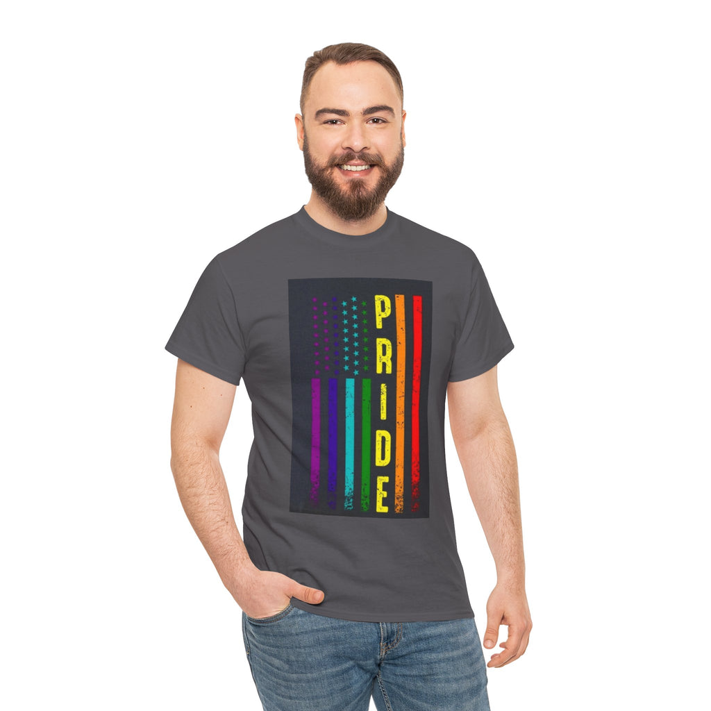 Pride Rainbow Flag Tee — Vertical "PRIDE" Graphic T-Shirt