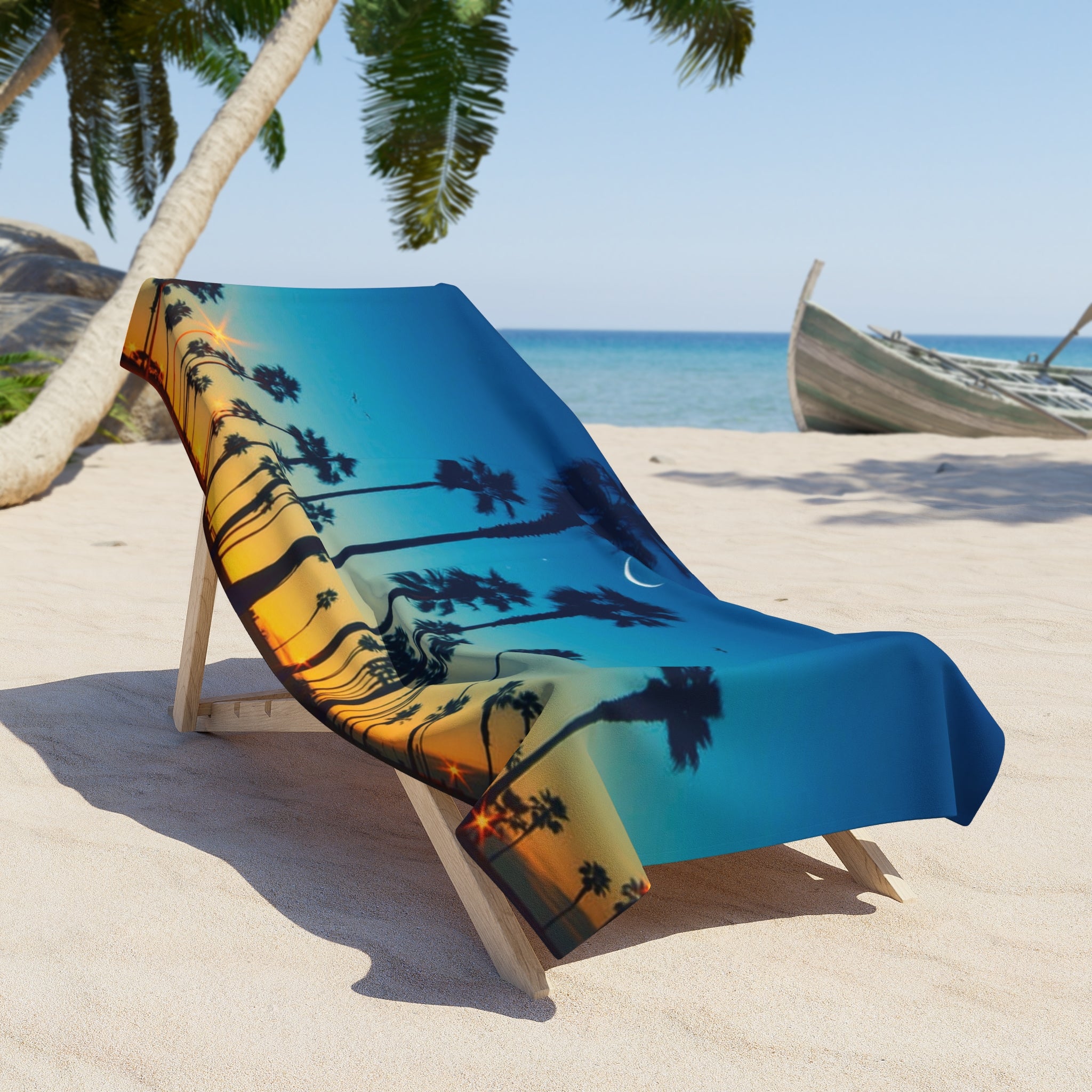 Sunset Palm Beach Towel – Tropical Crescent Moon Design