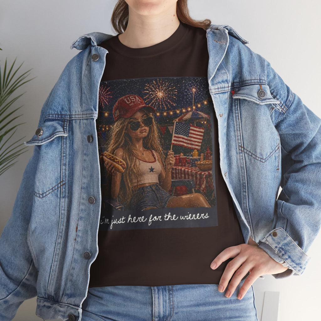 Patriotic Girl Graphic Tee — "I'm Just Here for the Fireworks" 4th of July Shirt