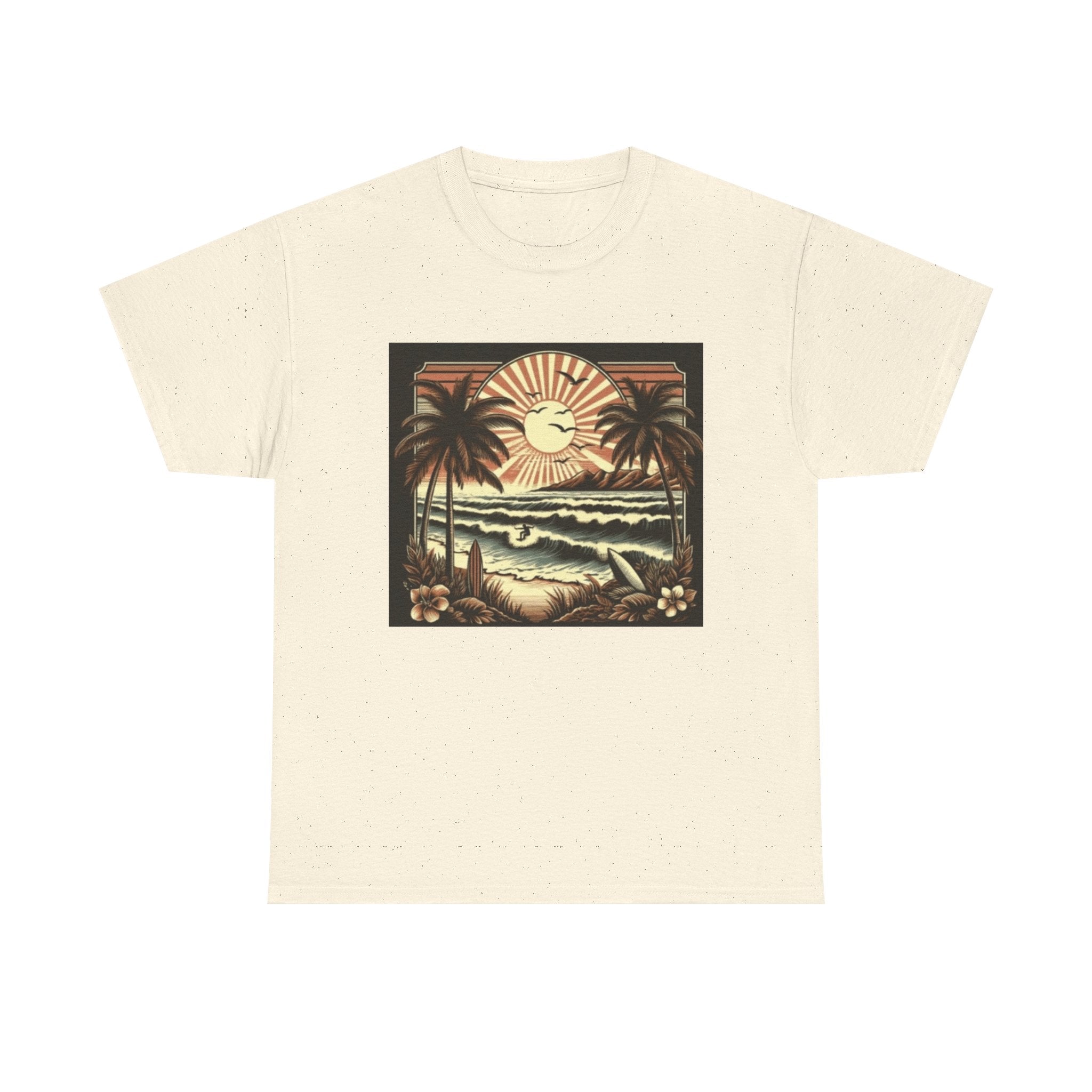 Retro Tropical Beach T-Shirt — Vintage Palm Sunset Graphic Tee