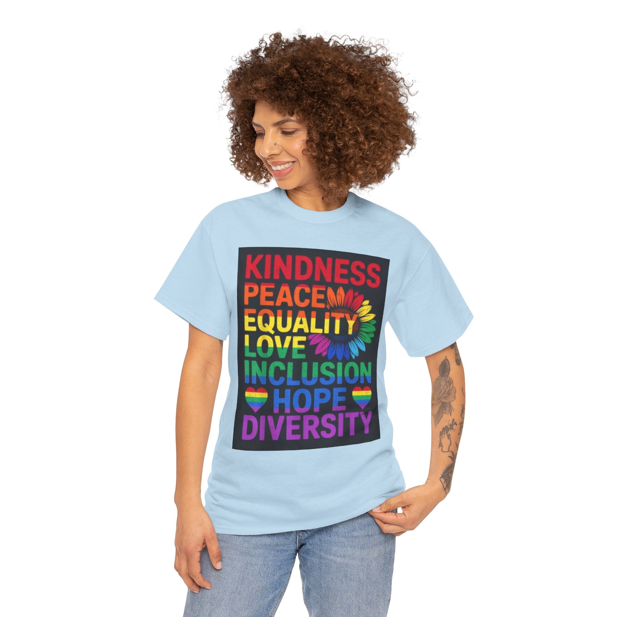 Kindness Peace Equality Rainbow T-Shirt — Pride Inclusion & Diversity Tee