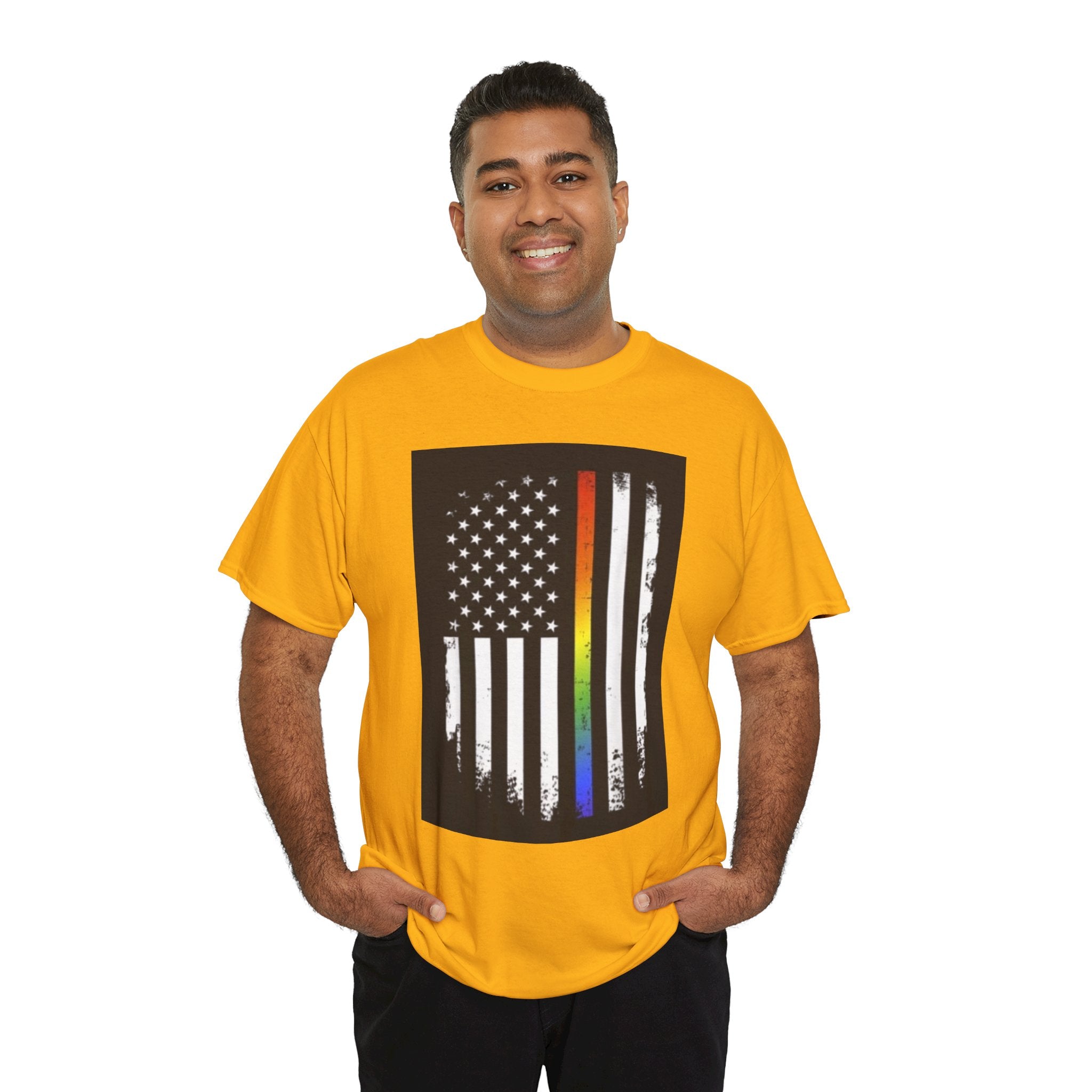 LGBTQ+ Pride Flag T‑Shirt — Distressed American Flag with Rainbow Stripe