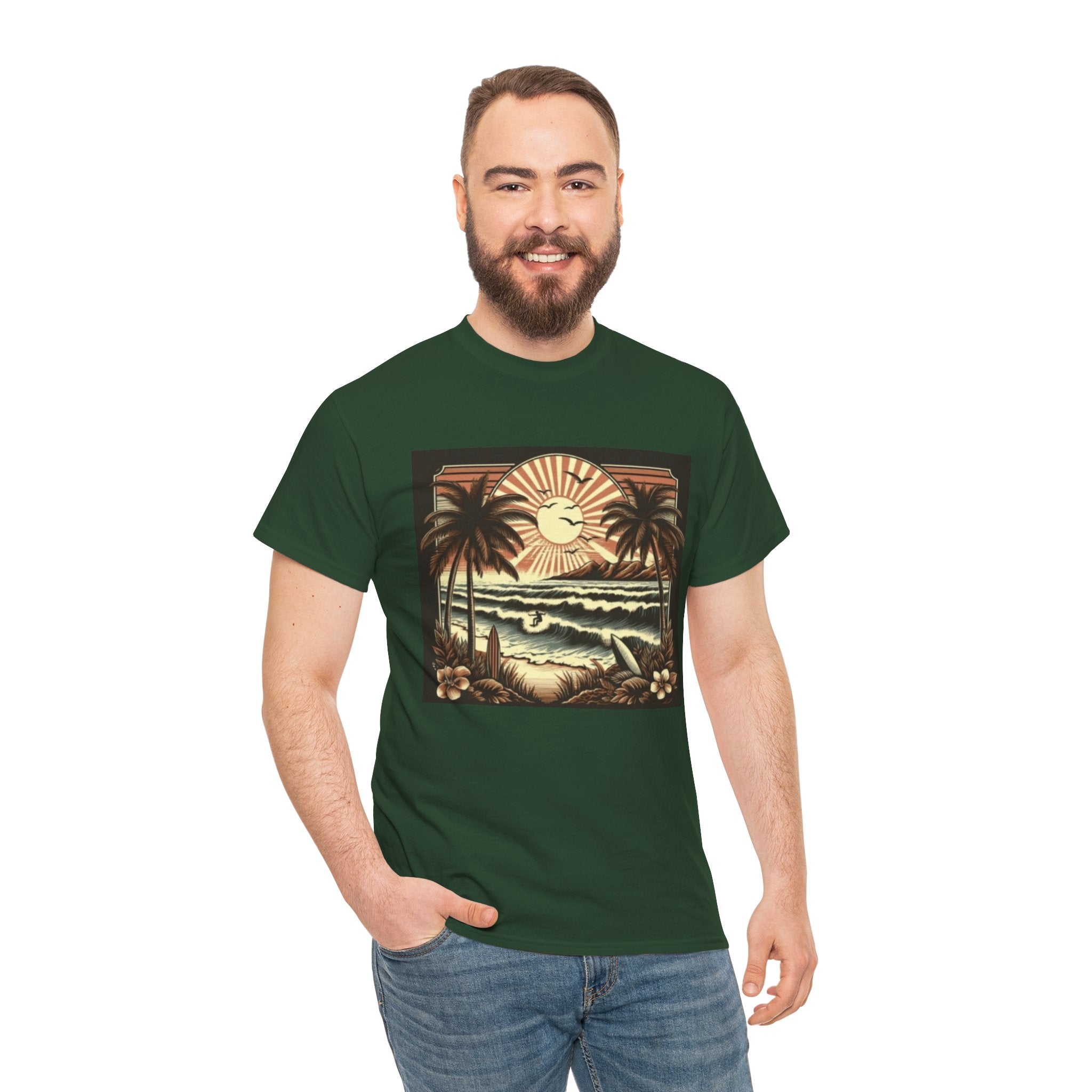 Retro Tropical Beach T-Shirt — Vintage Palm Sunset Graphic Tee