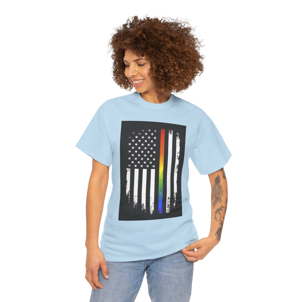 LGBTQ+ Pride Flag T‑Shirt — Distressed American Flag with Rainbow Stripe