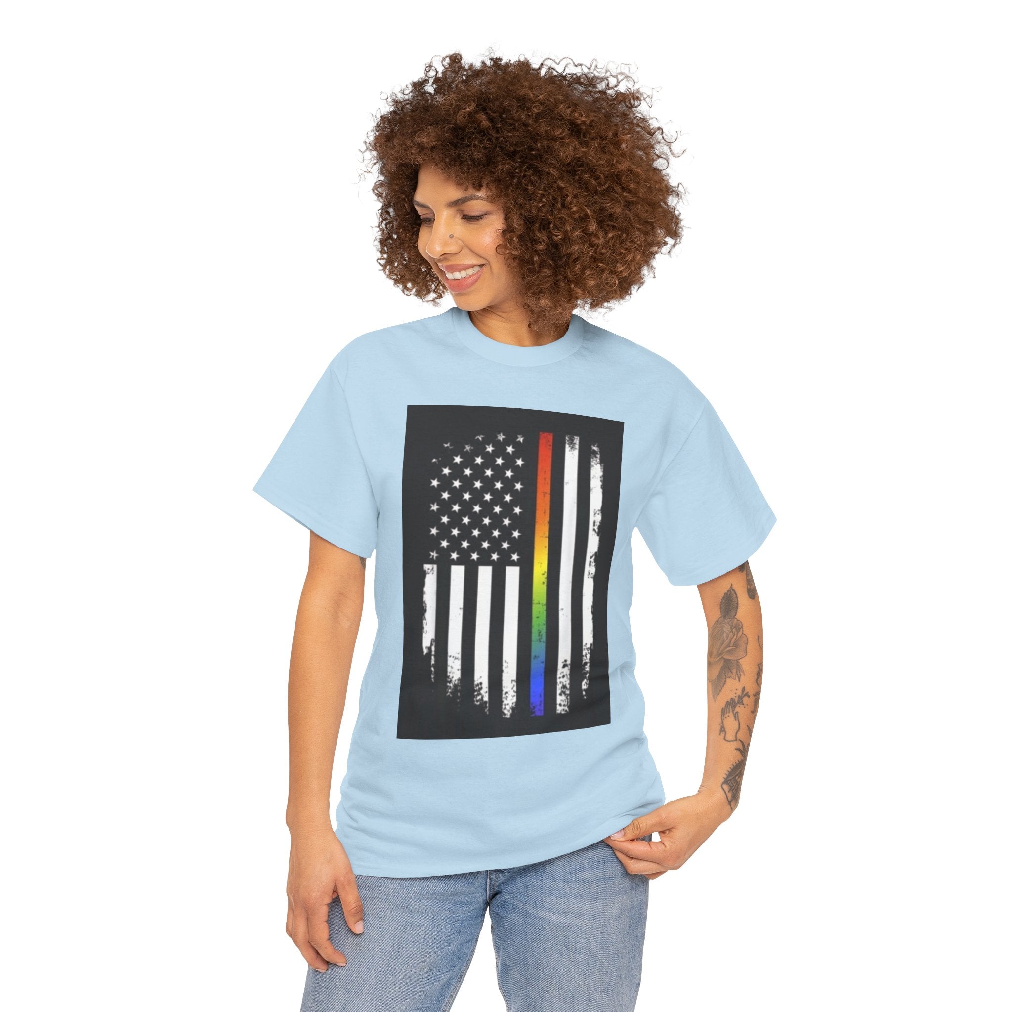 LGBTQ+ Pride Flag T‑Shirt — Distressed American Flag with Rainbow Stripe
