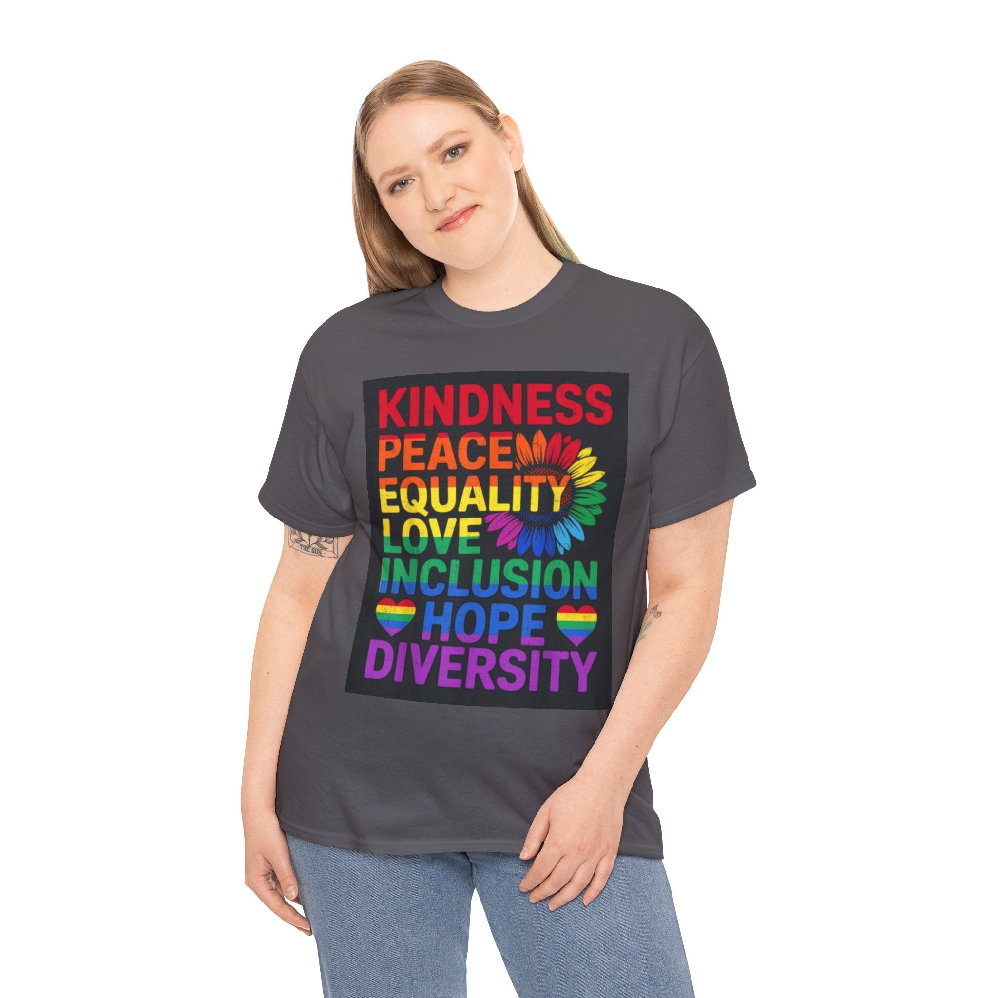 Kindness Peace Equality Rainbow T-Shirt — Pride Inclusion & Diversity Tee