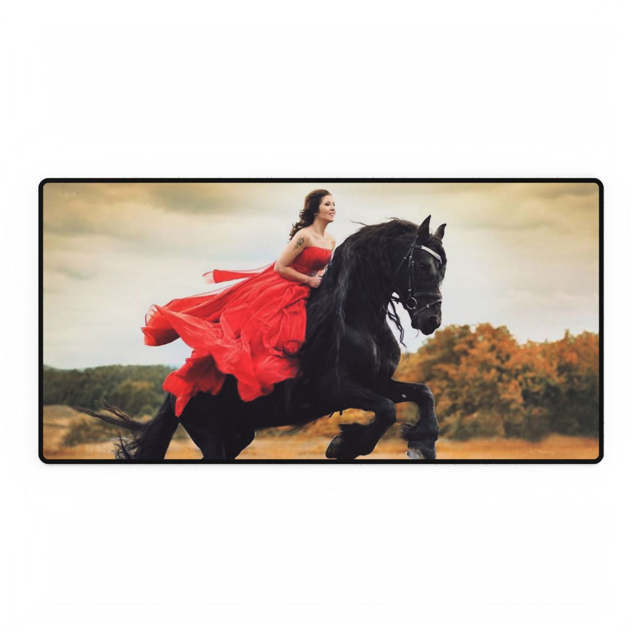 Equestrian Fantasy Desk Mat — Woman in Red on Black Stallion