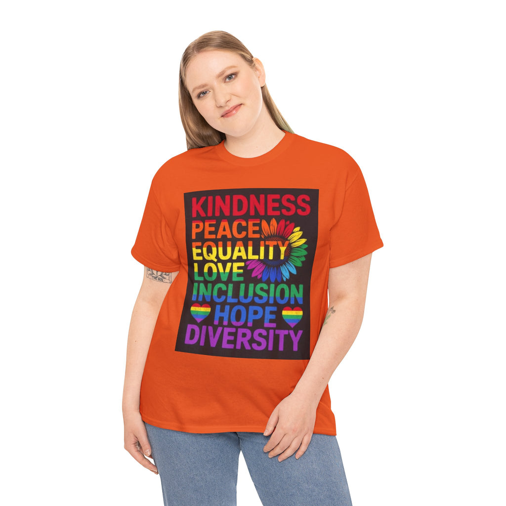 Kindness Peace Equality Rainbow T-Shirt — Pride Inclusion & Diversity Tee