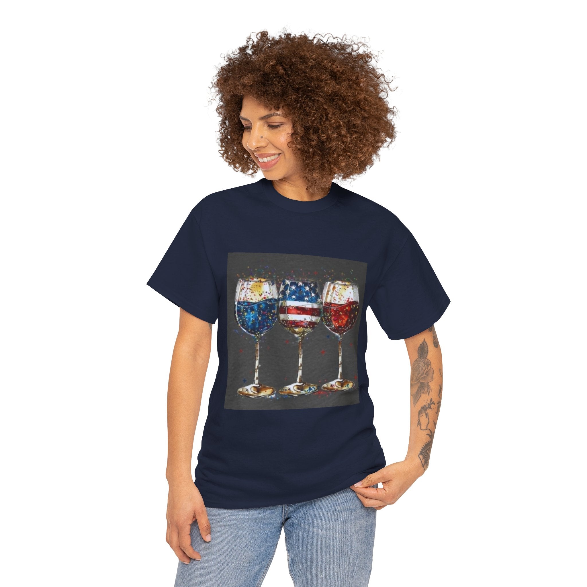 Wine Glasses with American Flag Design Tee