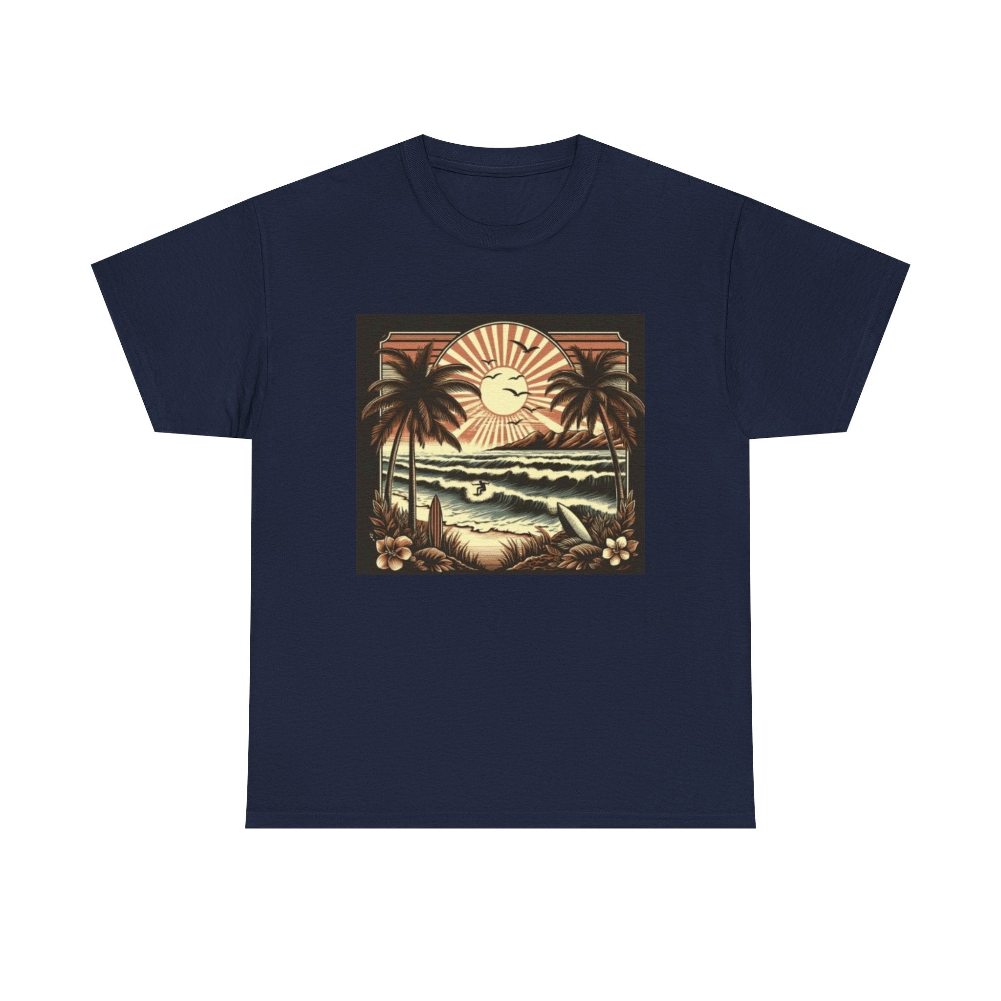 Retro Tropical Beach T-Shirt — Vintage Palm Sunset Graphic Tee