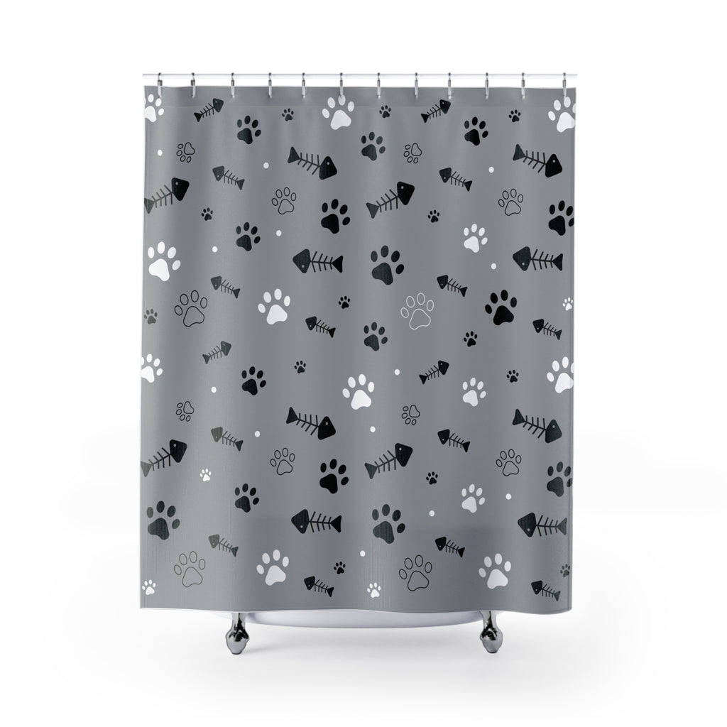 Paw Print & Fishbone Shower Curtain – Gray Cat & Dog