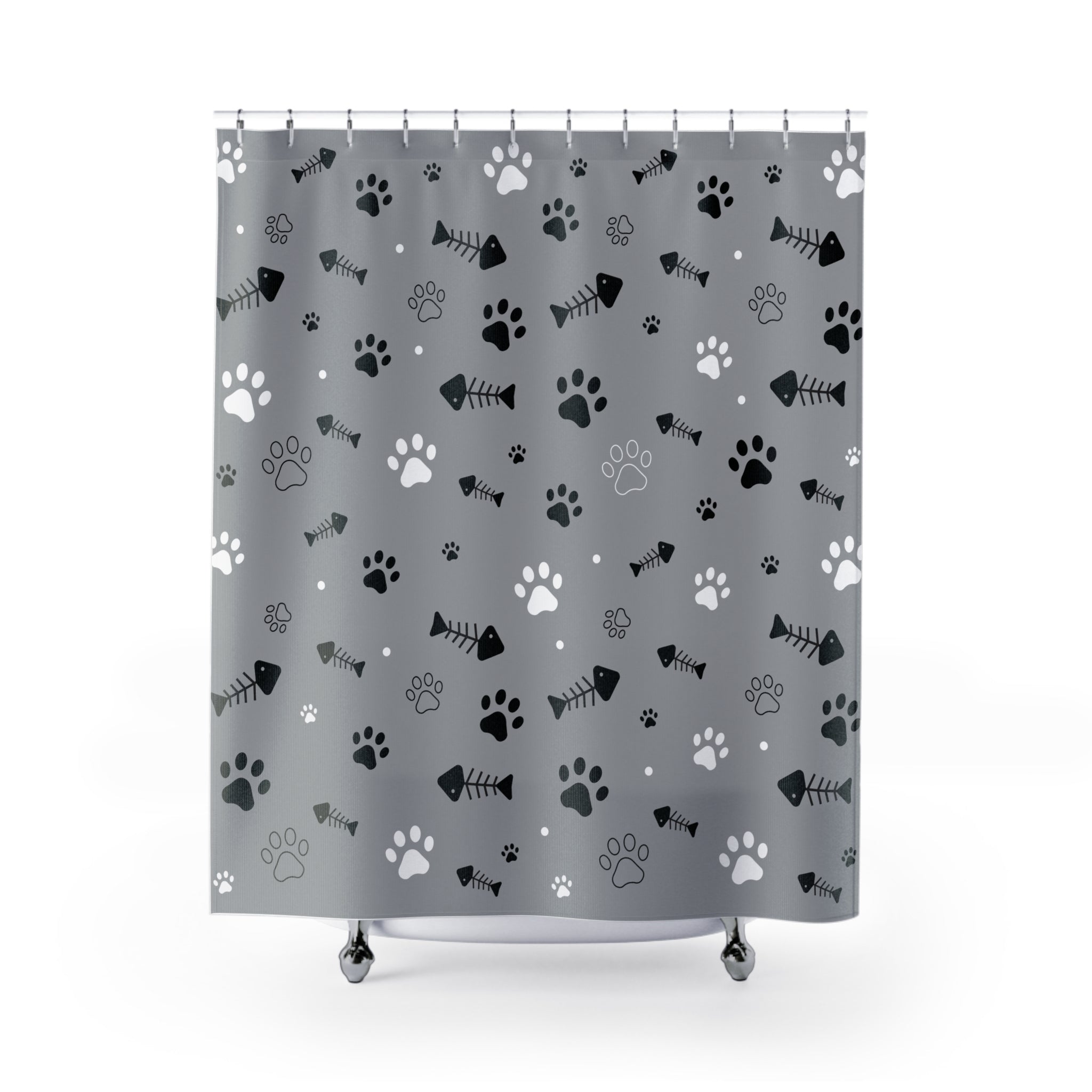 Paw Print & Fishbone Shower Curtain – Gray Cat & Dog
