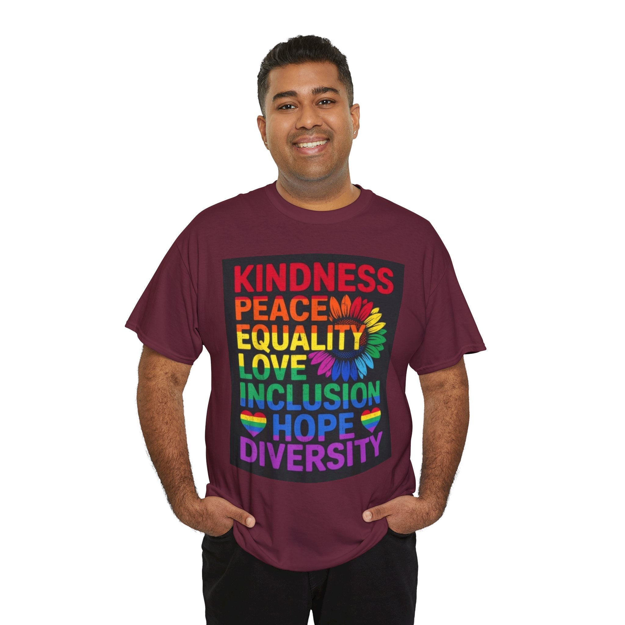 Kindness Peace Equality Rainbow T-Shirt — Pride Inclusion & Diversity Tee