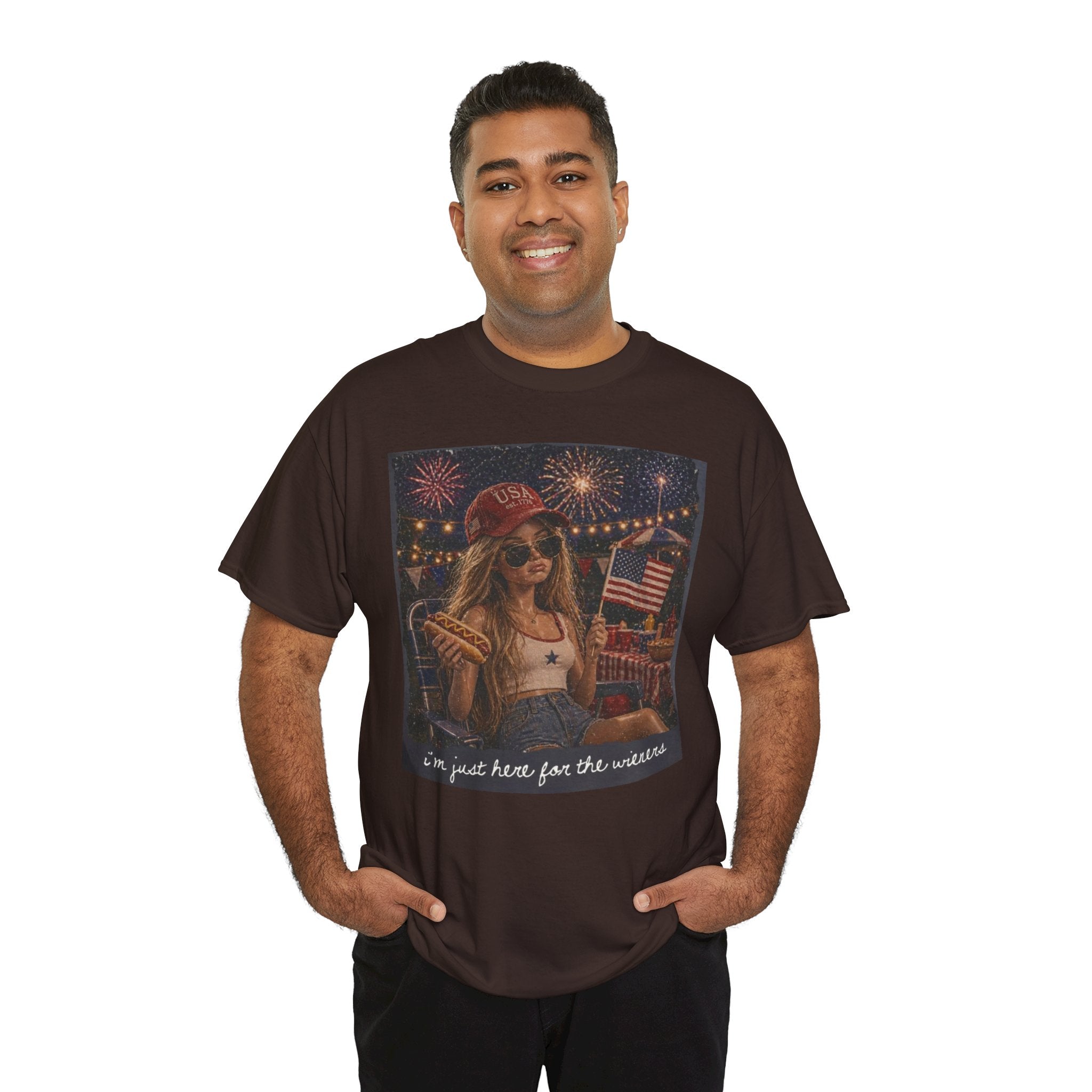 Patriotic Girl Graphic Tee — "I'm Just Here for the Fireworks" 4th of July Shirt