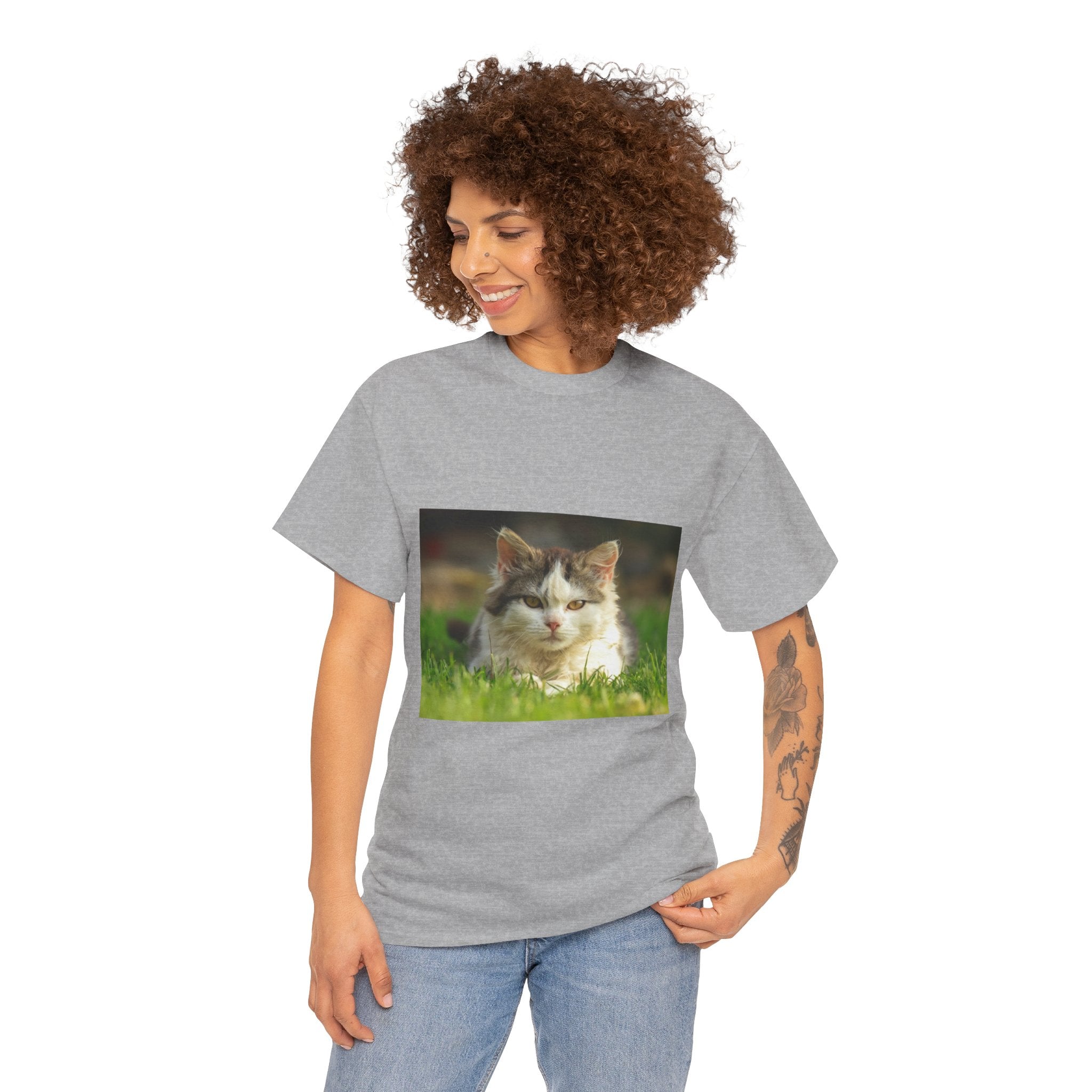 Cat Photo Tee — Relaxed Cat Lying in Grass T-Shirt