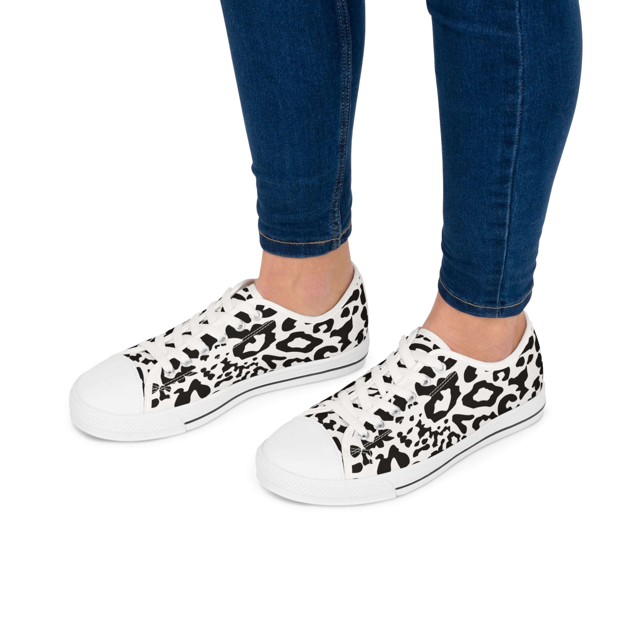 Leopard Print Low Top Sneakers — Black & White Casual Canvas Shoes