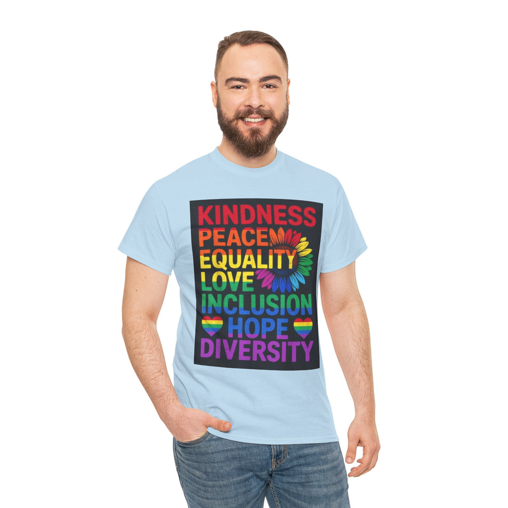Kindness Peace Equality Rainbow T-Shirt — Pride Inclusion & Diversity Tee