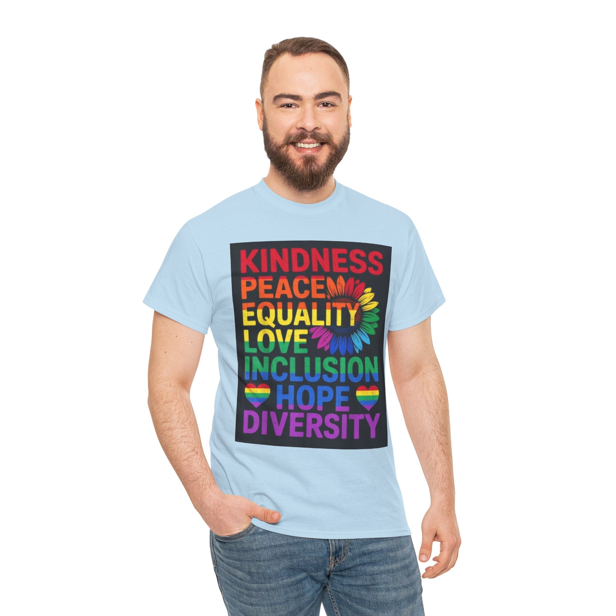 Kindness Peace Equality Rainbow T-Shirt — Pride Inclusion & Diversity Tee