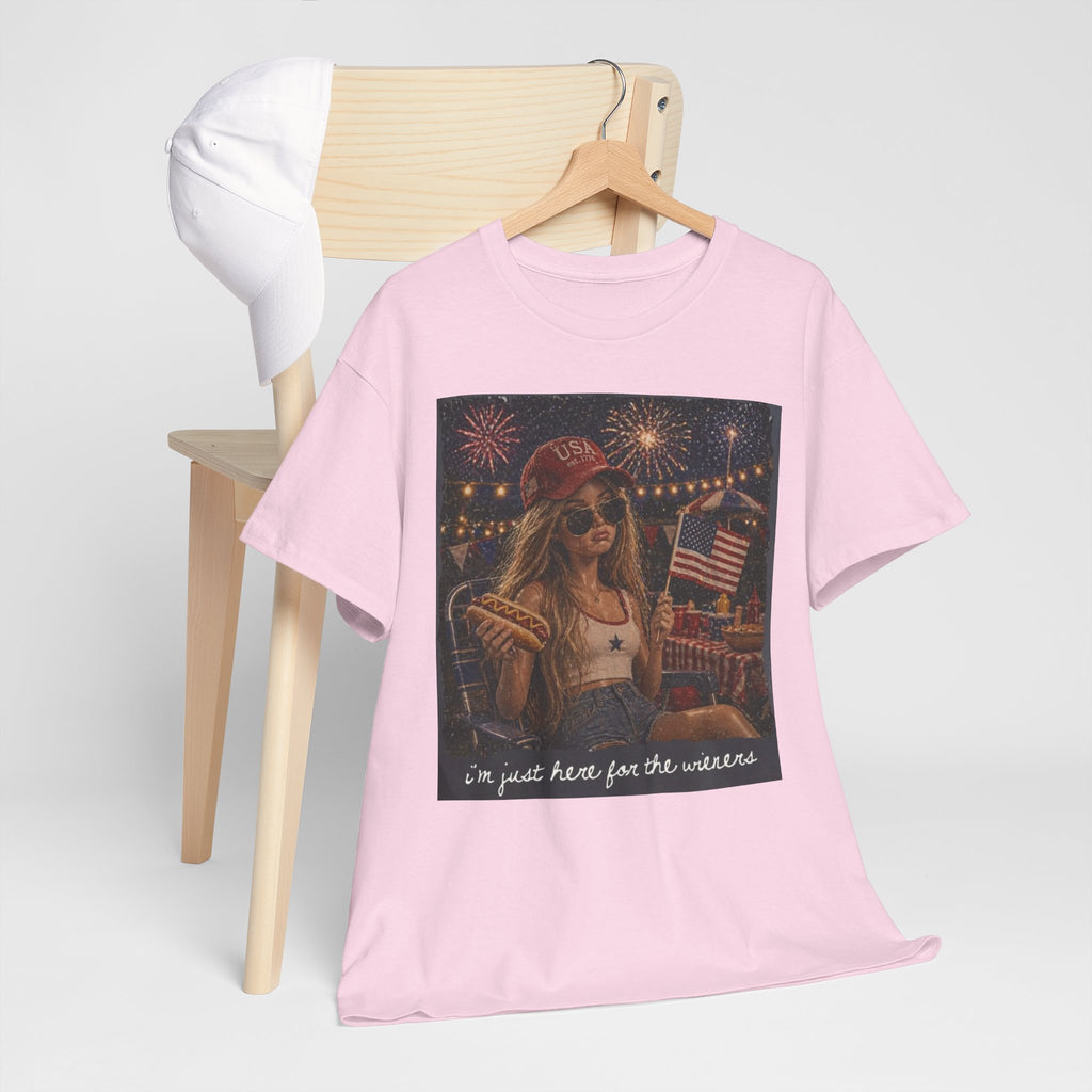 Patriotic Girl Graphic Tee — "I'm Just Here for the Fireworks" 4th of July Shirt