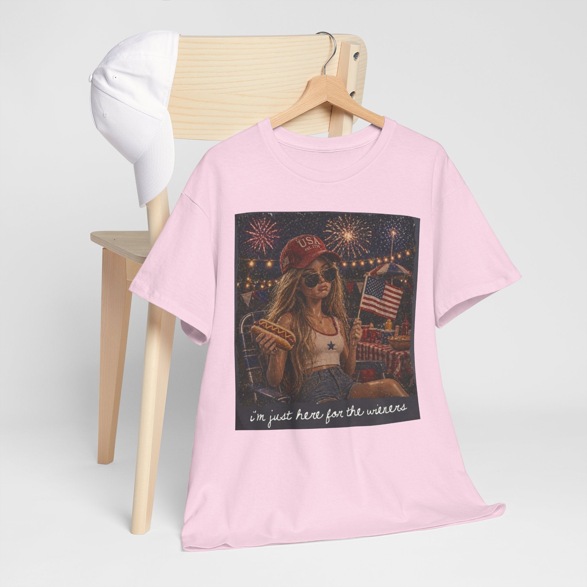 Patriotic Girl Graphic Tee — "I'm Just Here for the Fireworks" 4th of July Shirt
