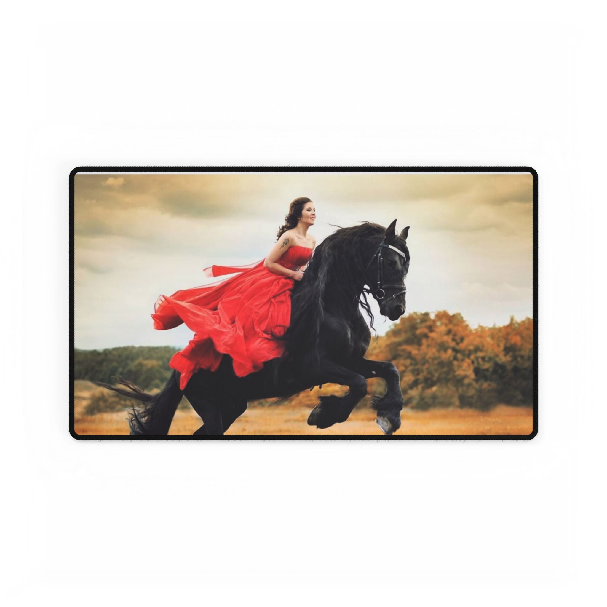 Equestrian Fantasy Desk Mat — Woman in Red on Black Stallion