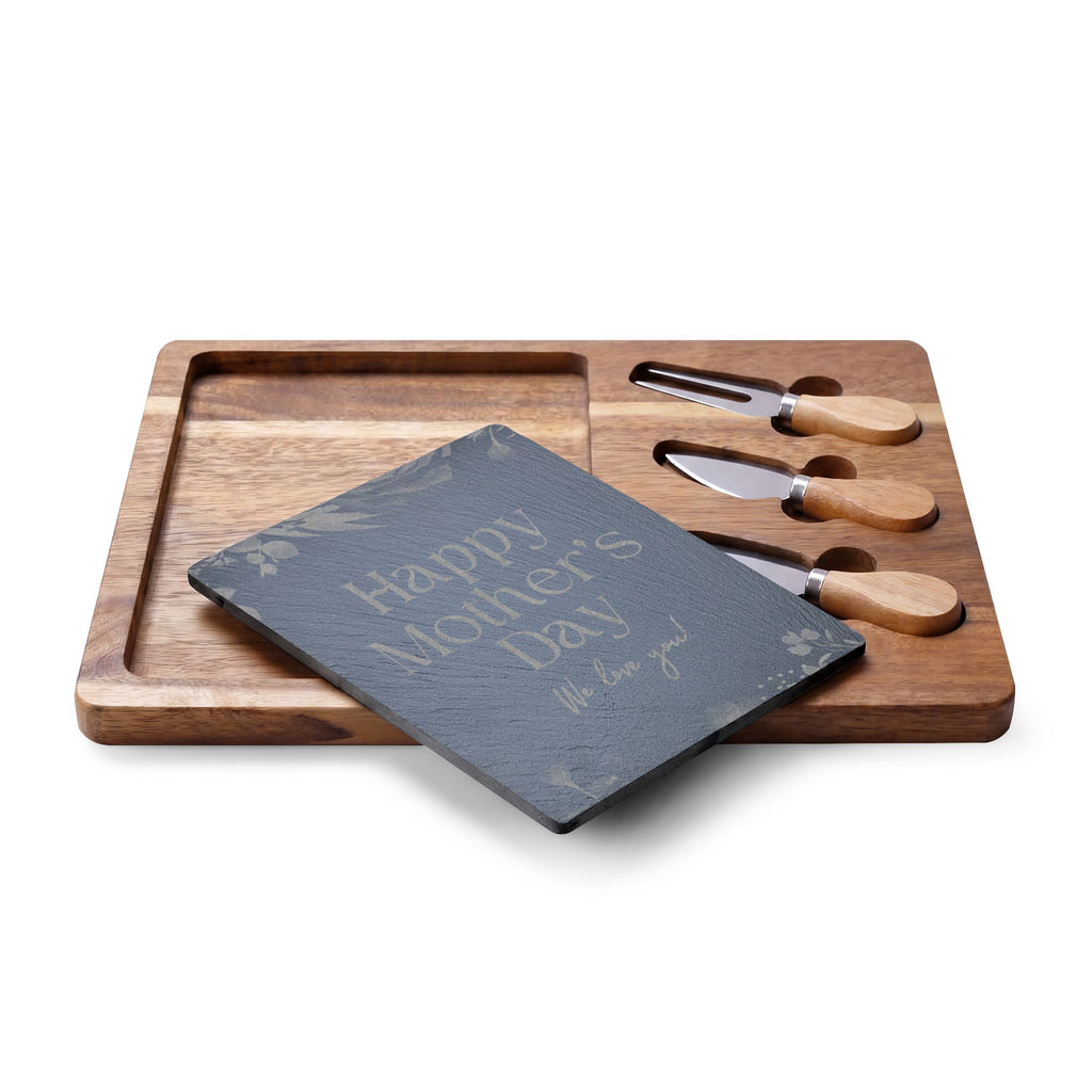 Engraved Mother's Day Charcuterie Board Set — Bamboo Cheese Board with Slate Inlay & Cheese Knives