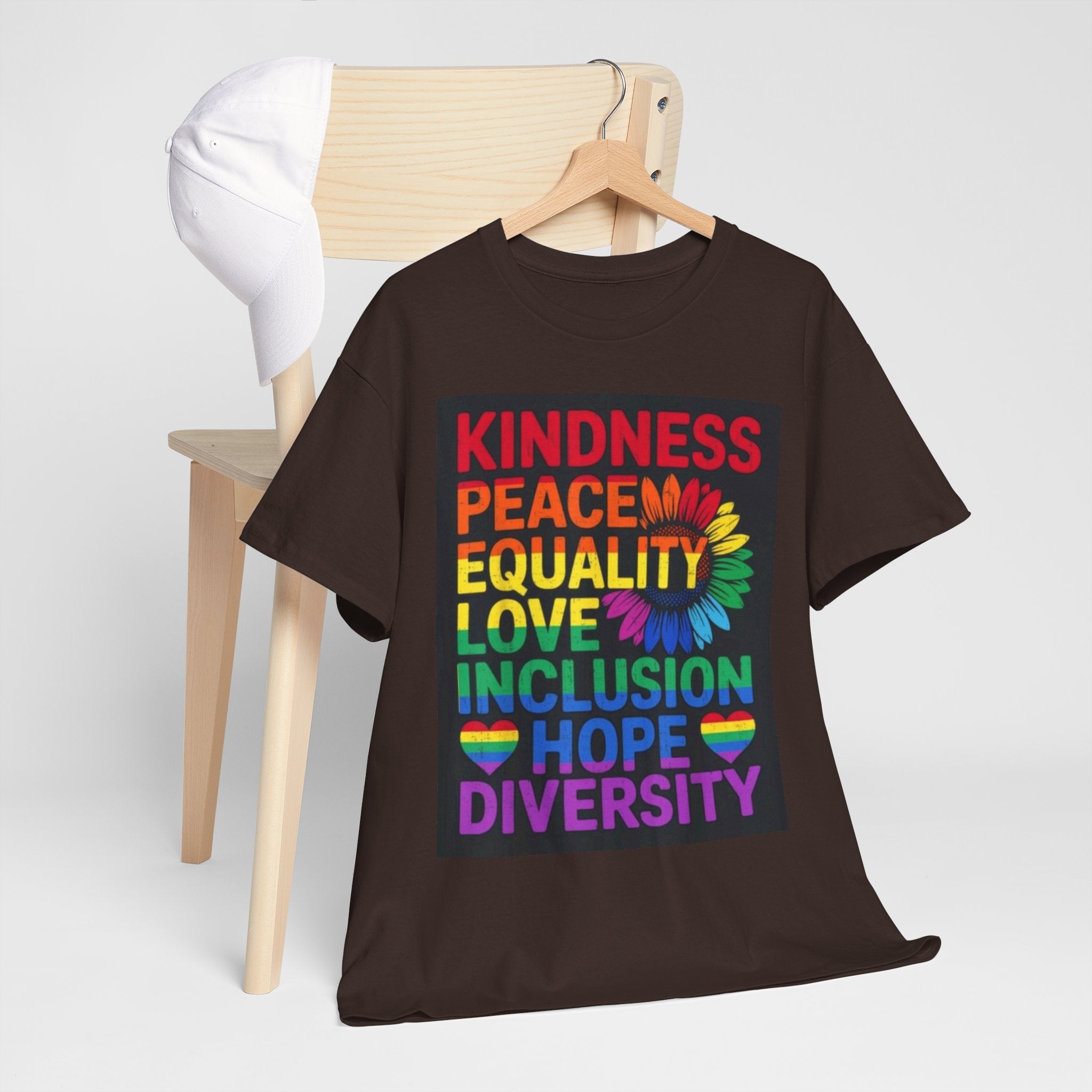 Kindness Peace Equality Rainbow T-Shirt — Pride Inclusion & Diversity Tee