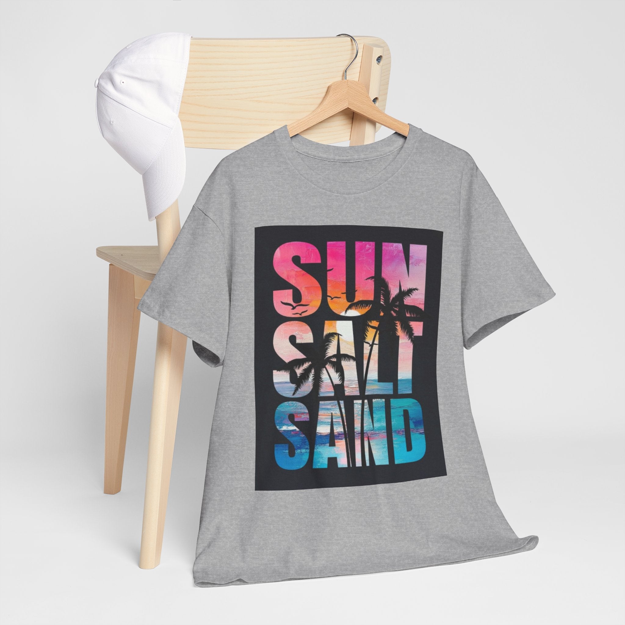Sun Salt Sand Beach T-Shirt — Tropical Palm Sunset Graphic Tee