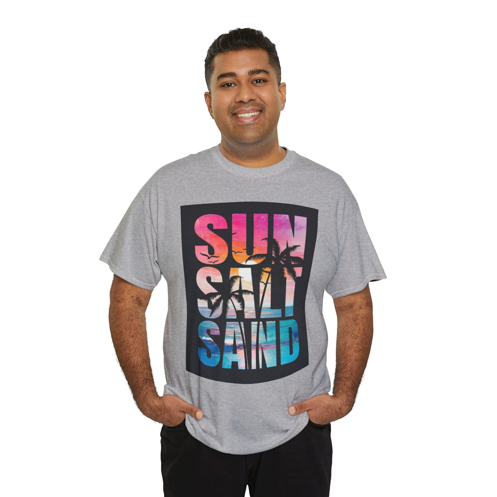 Sun Salt Sand Beach T-Shirt — Tropical Palm Sunset Graphic Tee
