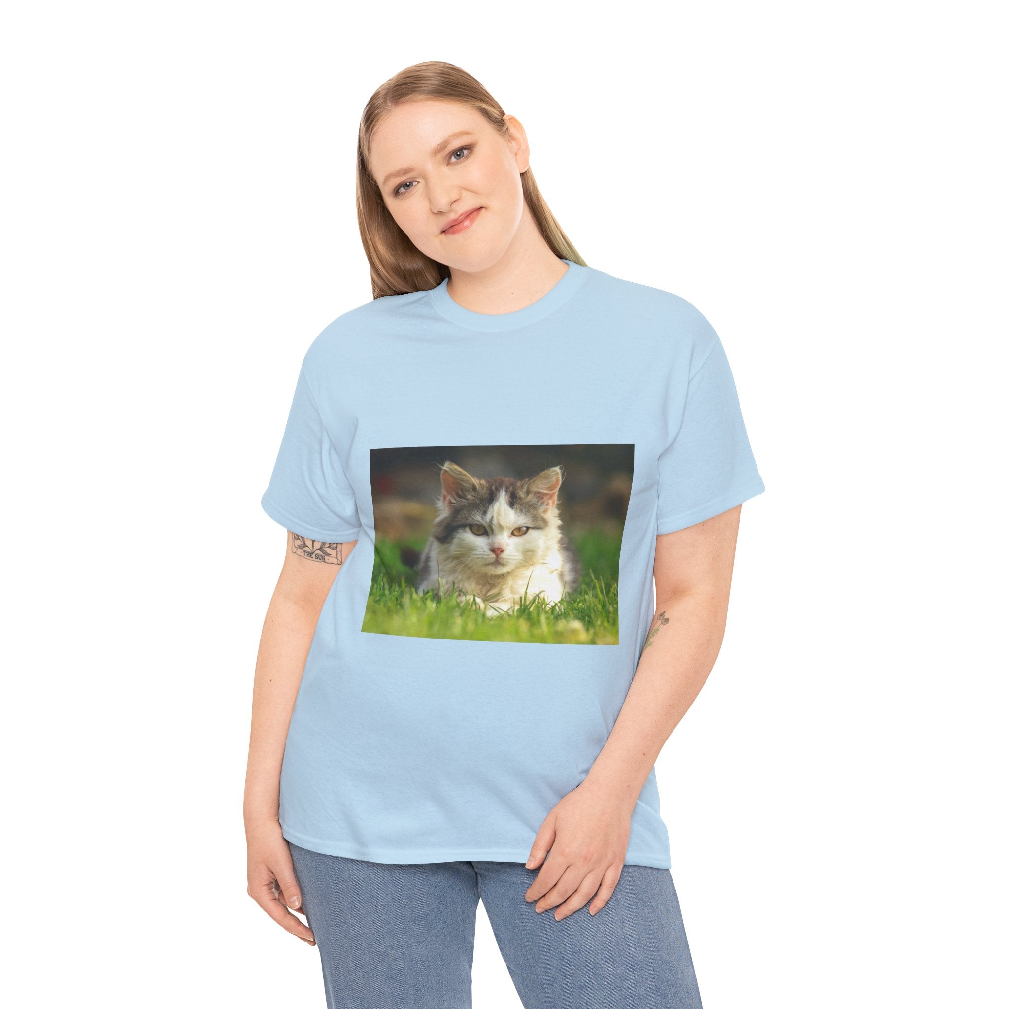 Cat Photo Tee — Relaxed Cat Lying in Grass T-Shirt