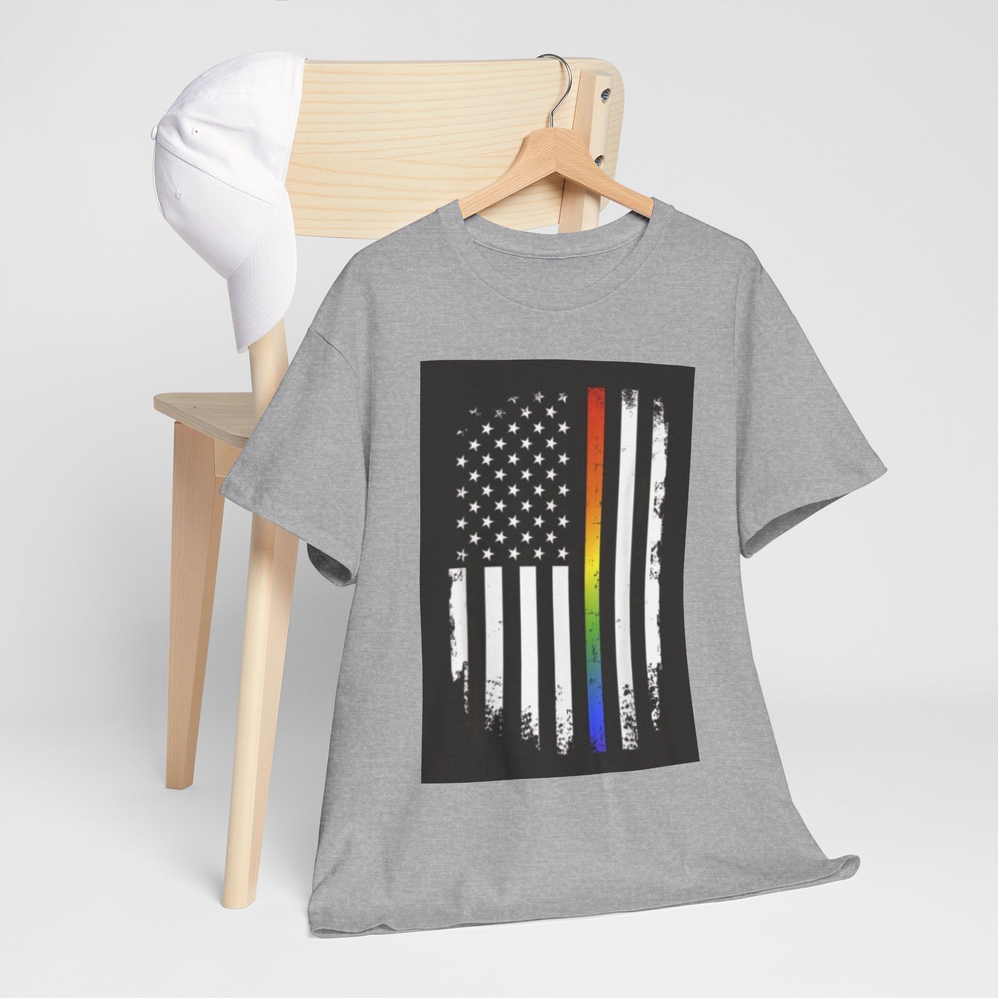 LGBTQ+ Pride Flag T‑Shirt — Distressed American Flag with Rainbow Stripe