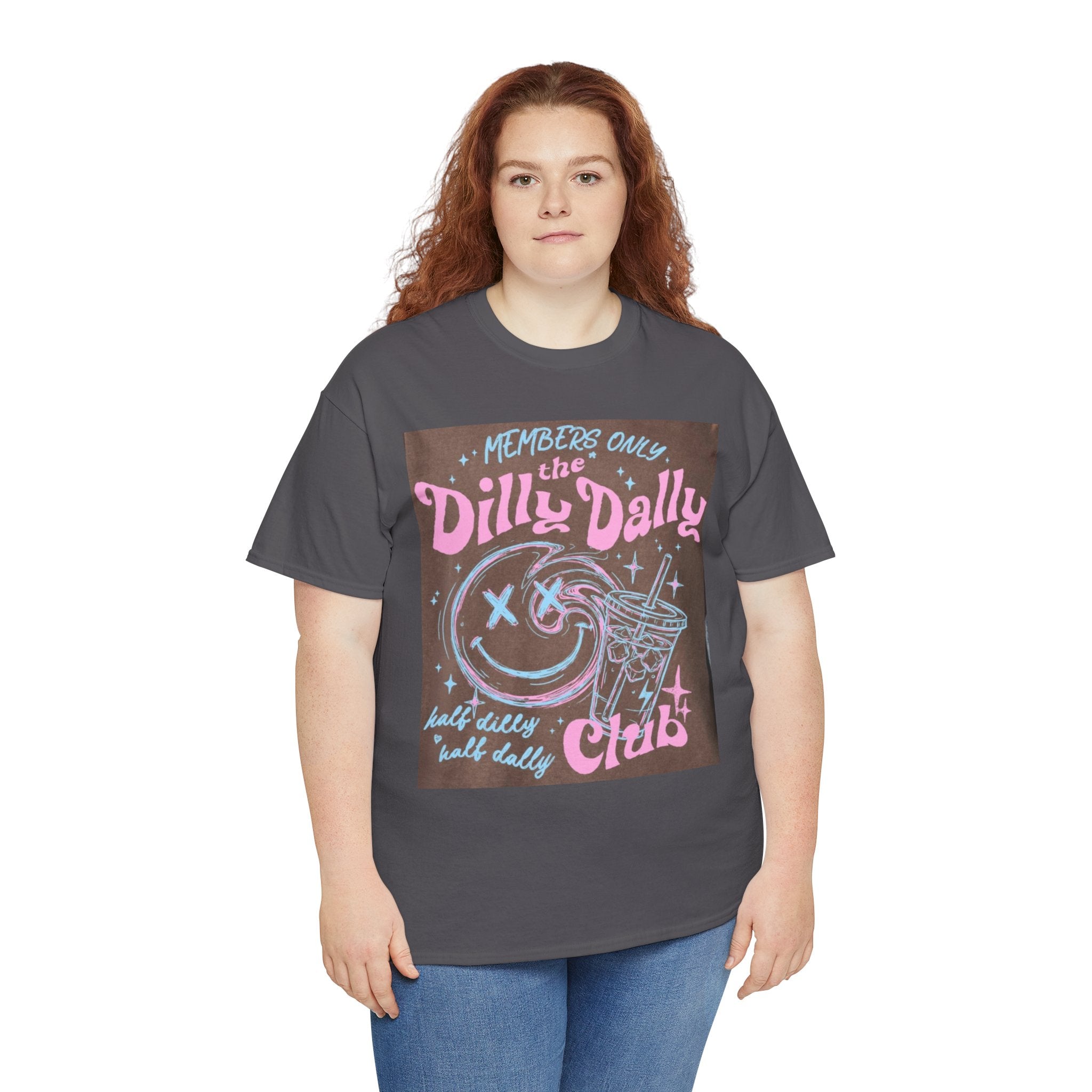 Dilly Dally Club Graphic Tee — Retro Pastel Drink & Moon Design