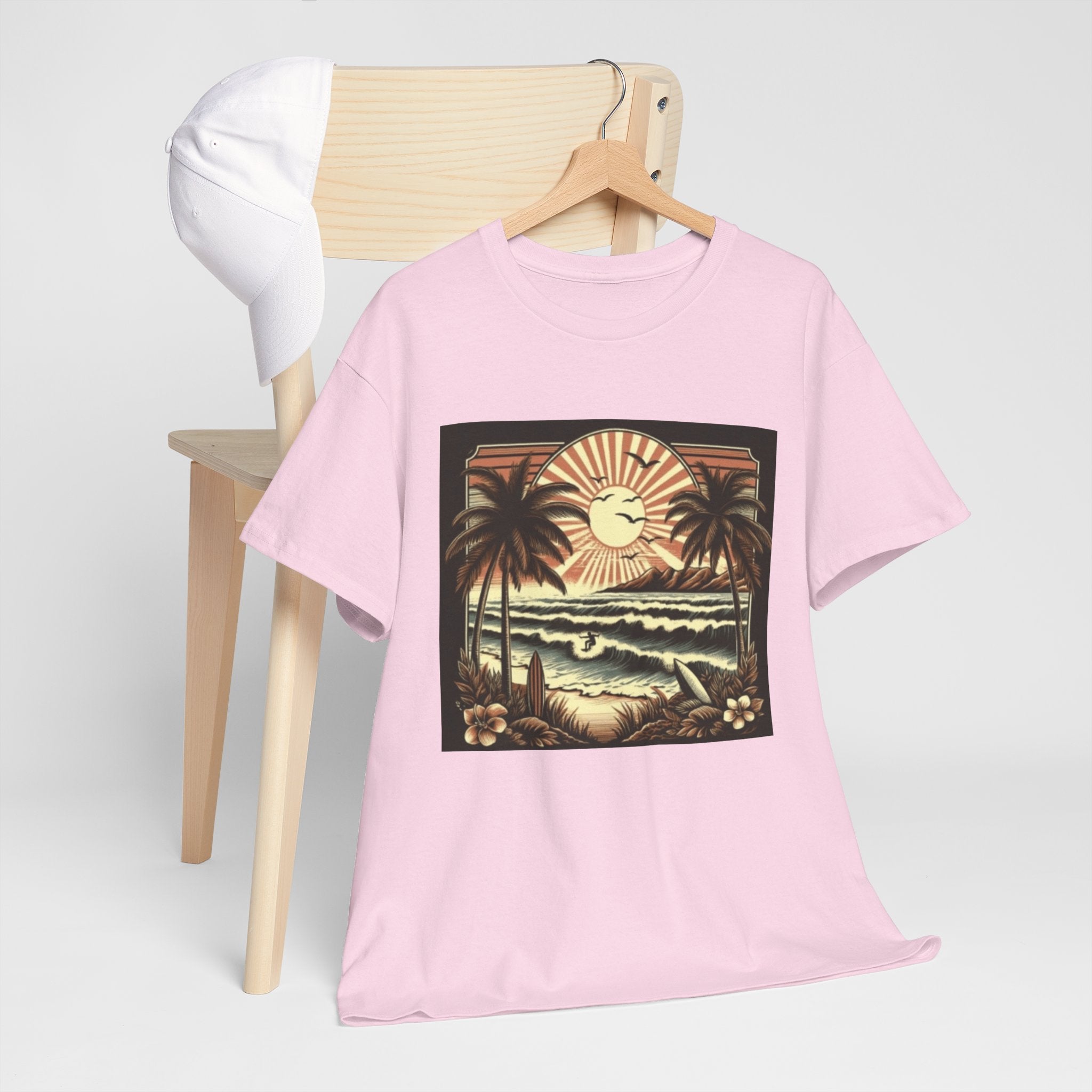 Retro Tropical Beach T-Shirt — Vintage Palm Sunset Graphic Tee