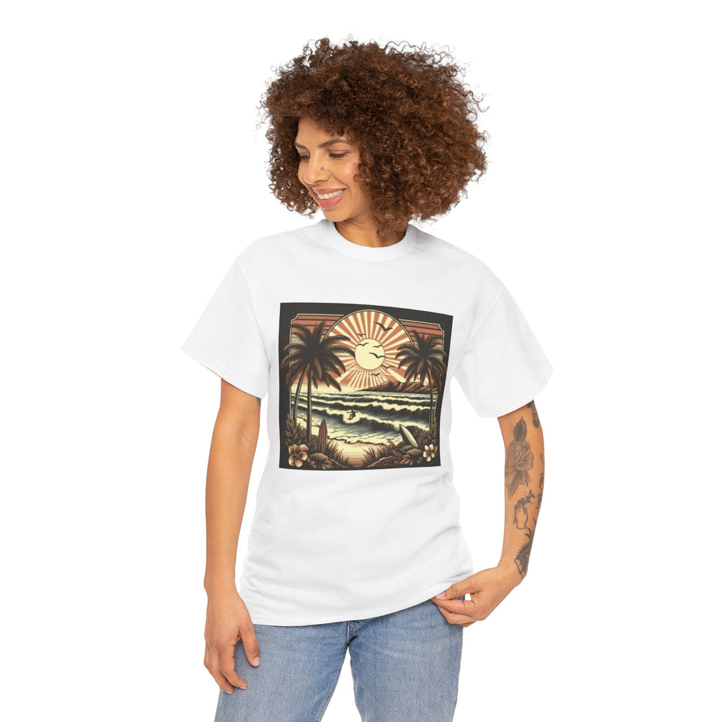 Retro Tropical Beach T-Shirt — Vintage Palm Sunset Graphic Tee