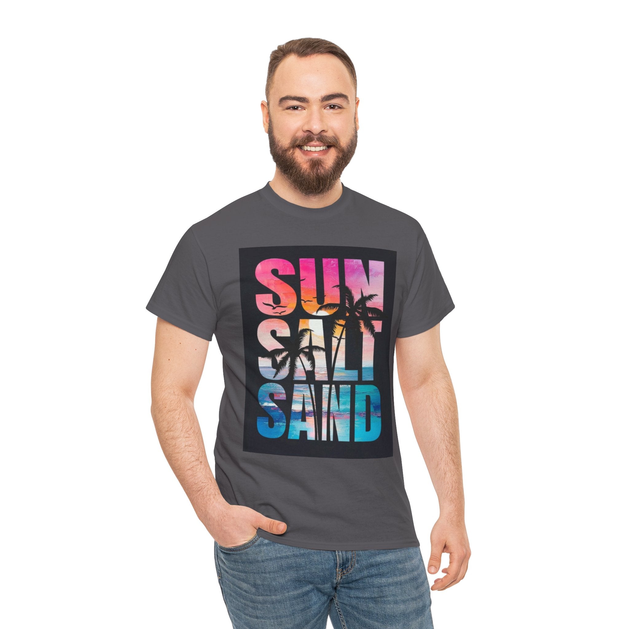 Sun Salt Sand Beach T-Shirt — Tropical Palm Sunset Graphic Tee