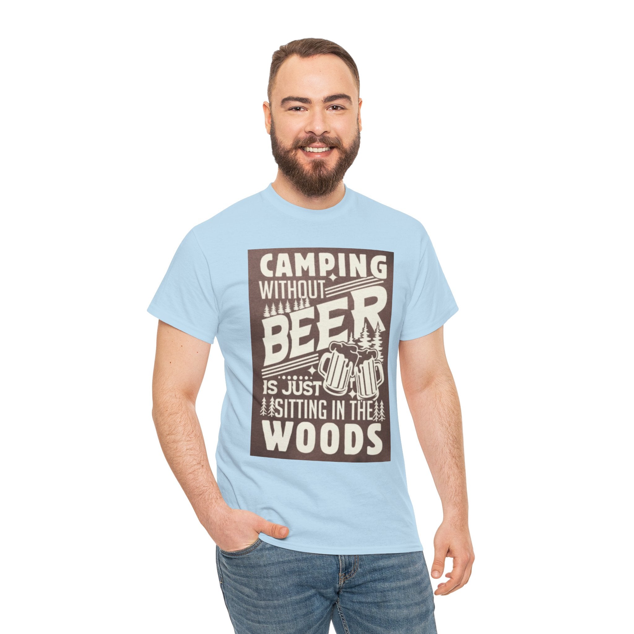 Camping Beer T-Shirt — "Camping Without Beer Is Just Sitting in the Woods" Outdoor Campfire Tee
