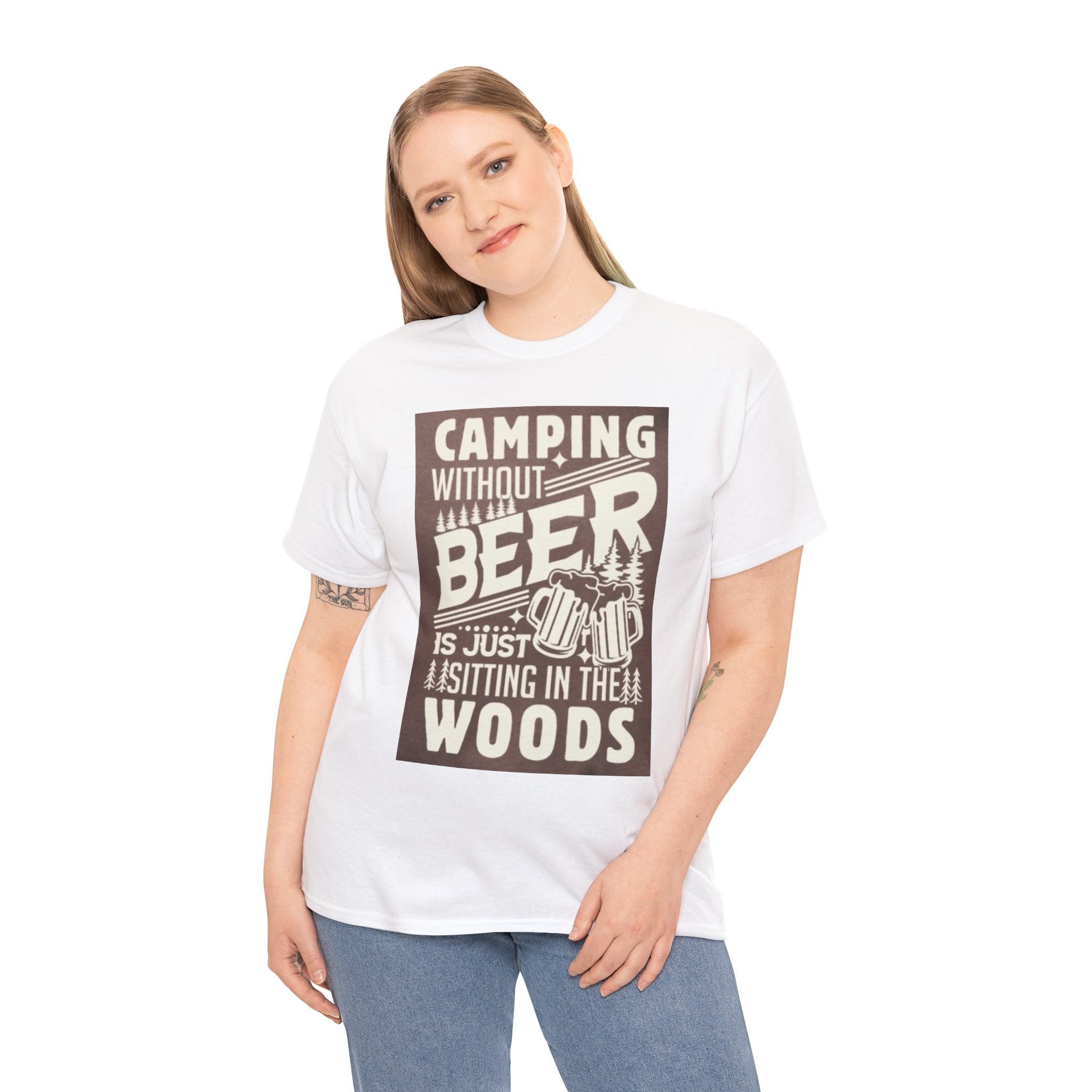 Camping Beer T-Shirt — "Camping Without Beer Is Just Sitting in the Woods" Outdoor Campfire Tee