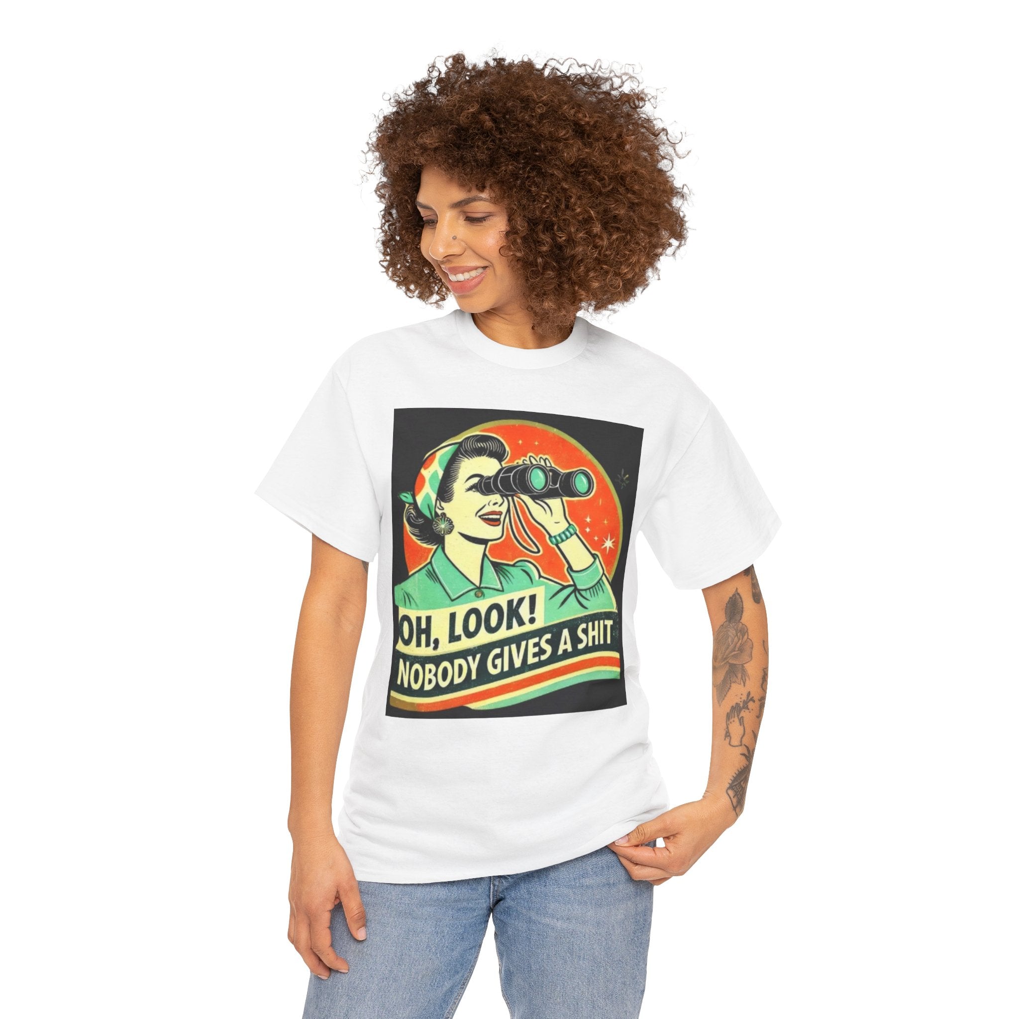 Graphic Tee — "Oh, Look! Nobody Gives a Shit" Retro Binoculars Design